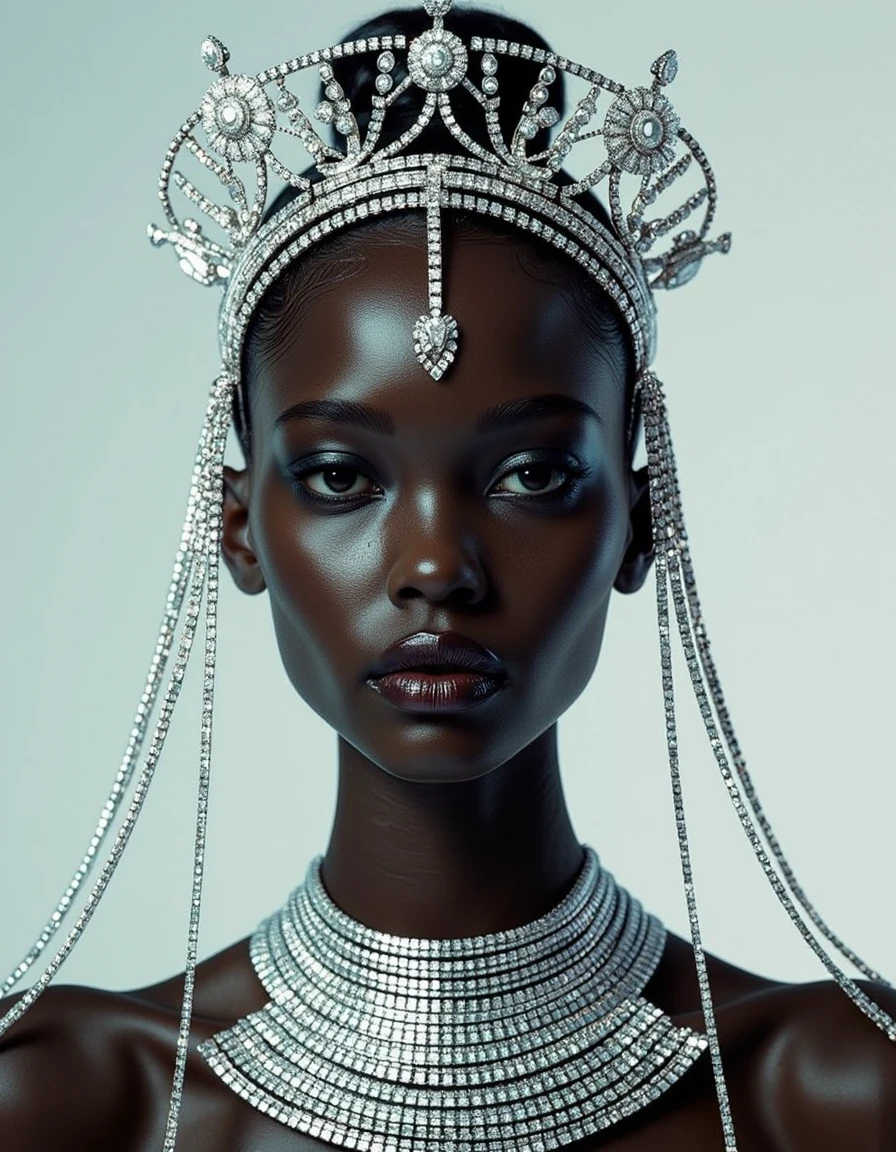 Studio_Punkji,A highly stylized hyper-realistic portrait of a dark-skinned woman, her expression stoic and devoid of emotion, as she gazes directly into the viewerâs eyes. She wears a symmetrical chrome silver crown, its sparkling diamonds arranged in a flawless, geometric fashion that crowns her head with regal elegance. The crown catches the light, casting dazzling reflections that highlight the sharp angles of her face. A diamond-encrusted necklace adorns her neck, complementing the crown with its intricate design, each diamond sparkling brightly against her skin. A fine face ornament, known as the âdiamond cascade,â stretches across her face in delicate silver chains, each studded with small, radiant diamonds. The chains follow the curve of her face, crossing her forehead and cheeks in a symmetrical fashion, creating a striking contrast with her dark skin. The soft light reflects off the diamonds, creating a luminous, surreal effect around her, emphasizing the ethereal beauty of the face ornament and her unyielding, emotionless gaze. <lora:Studio_Punkji:0.85>