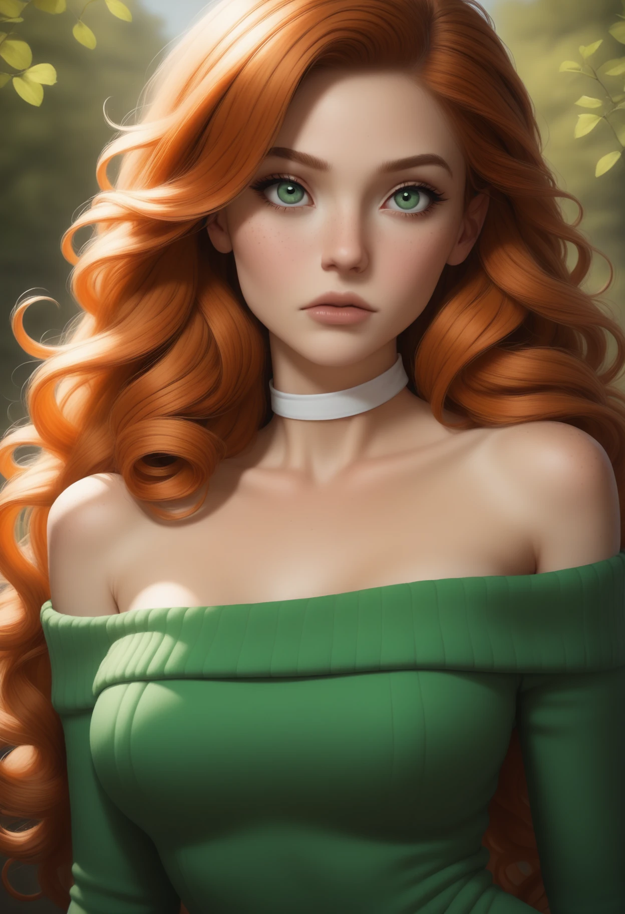 ((masterpiece, best quality, absurdres)),
1girl, solo, sexy sweater dress, green sweater, strapless, long sleeves, bare shoulders, white choker,
outdoors, day,
contrapposto, looking ahead,
portrait, straight-on,
 <lora:Dark_Erin_Illust_v1:0.7> d4rk3r1n, orange hair, green eyes,