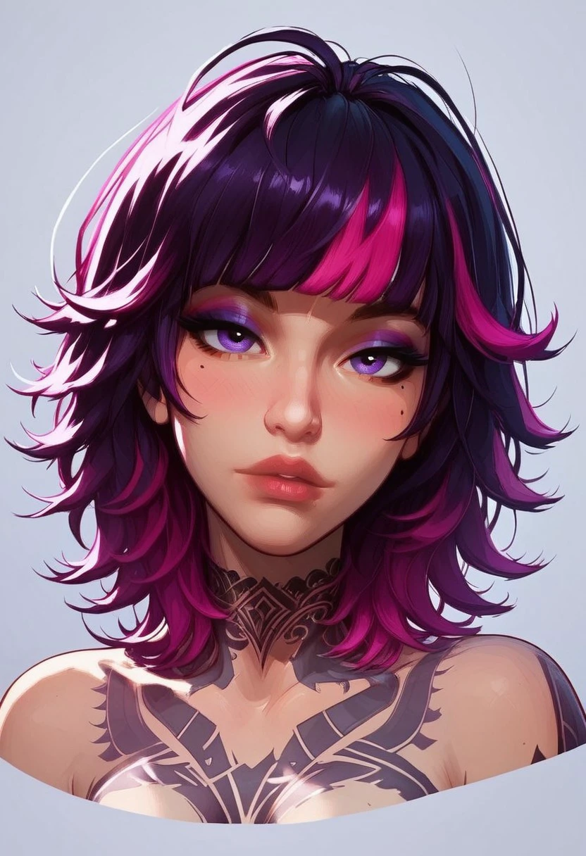 MarvelRivals, Sophiaaa, (beautiful face), medium hair,mole under left eye,left tattoos,black and purple hair,pink hair highlights,purple eyes, eyeshadow,blunt bangs,slender eyes, lips, strong eyebrows,1girl,solo,looking at viewer, naked, Stylized, Semi-realistic style, studio lighting, blue ambiance, atmospheric, cooler colors, portrait,