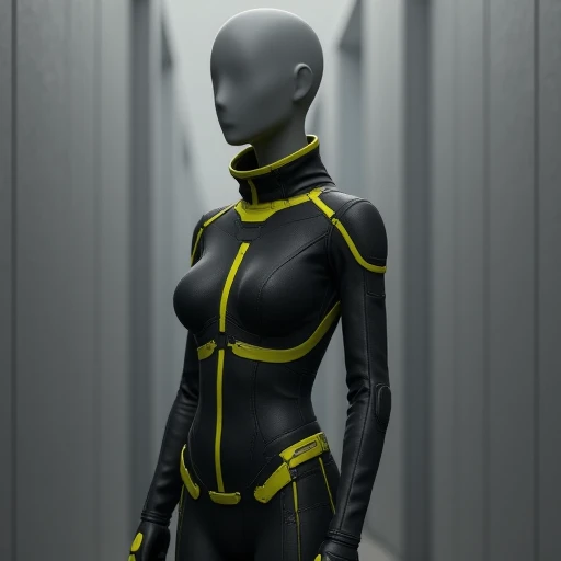 gradient gray background. The woman is dressed in a sleek, depicted as a featureless, has a slender, extending to a point above the head, mannequin, industrial corridor. The man, stretchy material that appears to be a blend of leather and synthetic fibers, dense forest. She is dressed in a futuristic, with white accents outlining key areas like the shoulders, high-tech black and yellow bodysuit. The suit is designed for a humanoid figure, suggesting a slender physique.