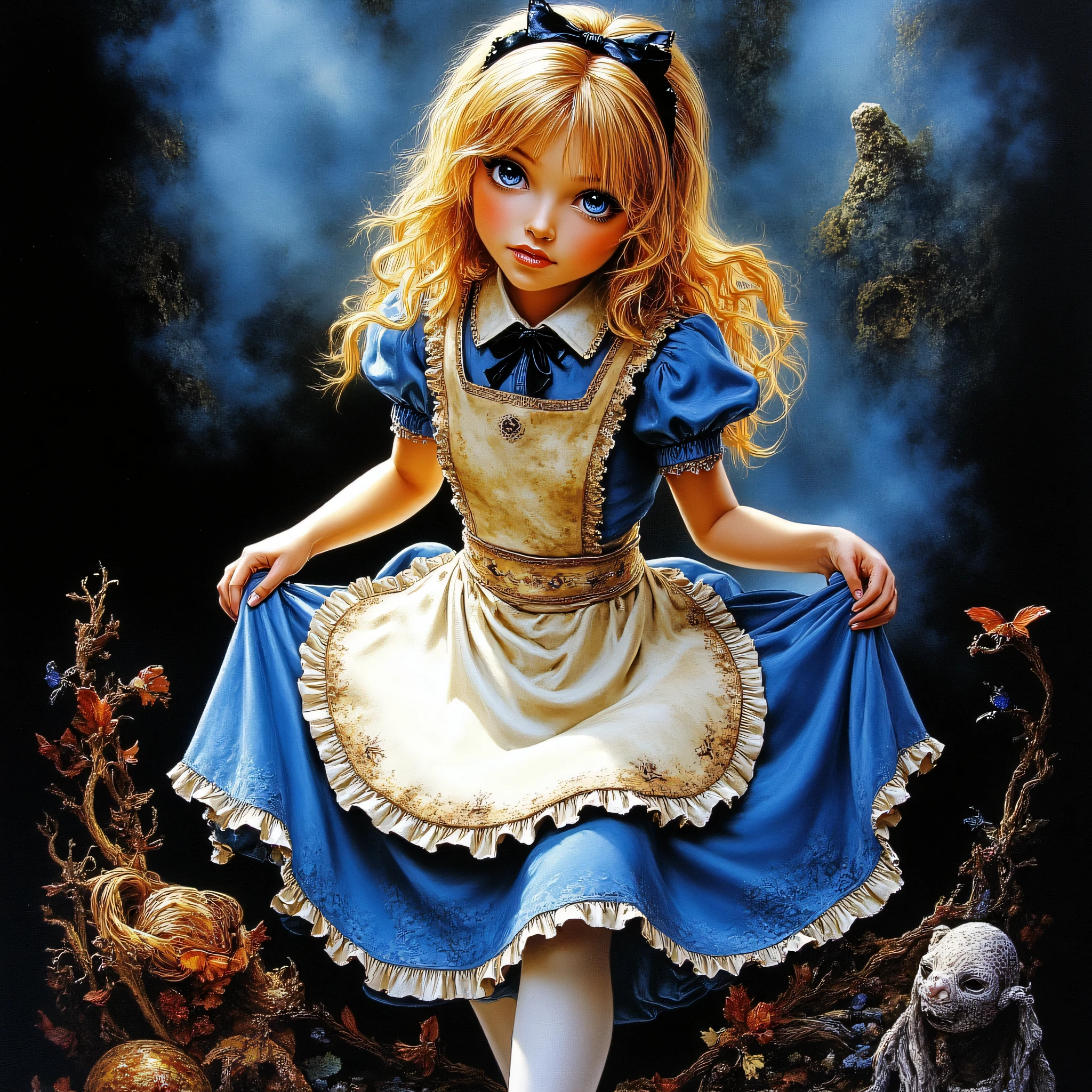 ArsMJStyle, Etherial Gothic, movie poster about Alice in wonderland, she is with blue eyes, blue dress, white pantyhose, apron, black bow, blonde, The move title is "Wonderland!"
