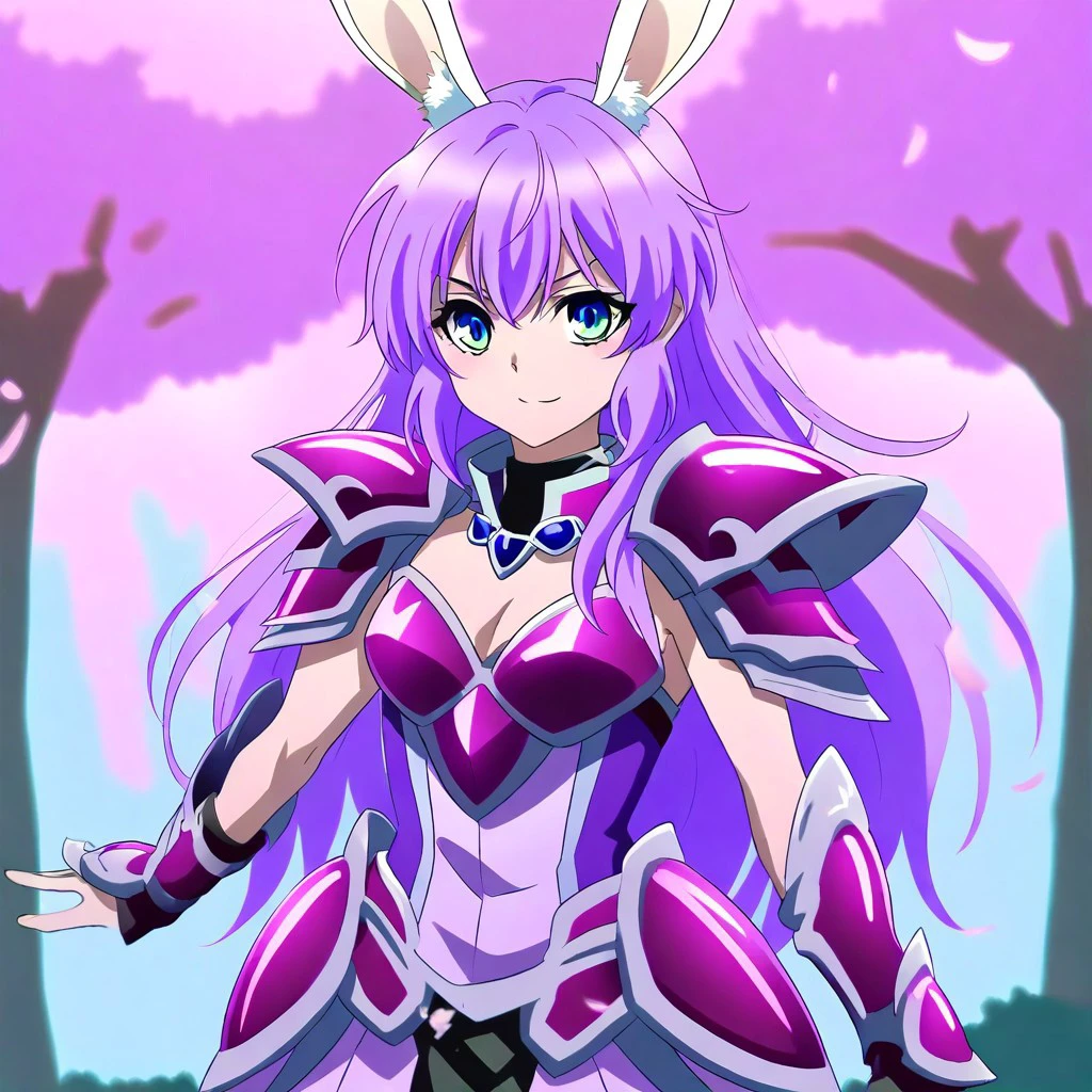 a female knight warrior with a reddish armor made entirely of ruby crystals she is under a tree with her neon purple bunny with four ears,bunny with four ears