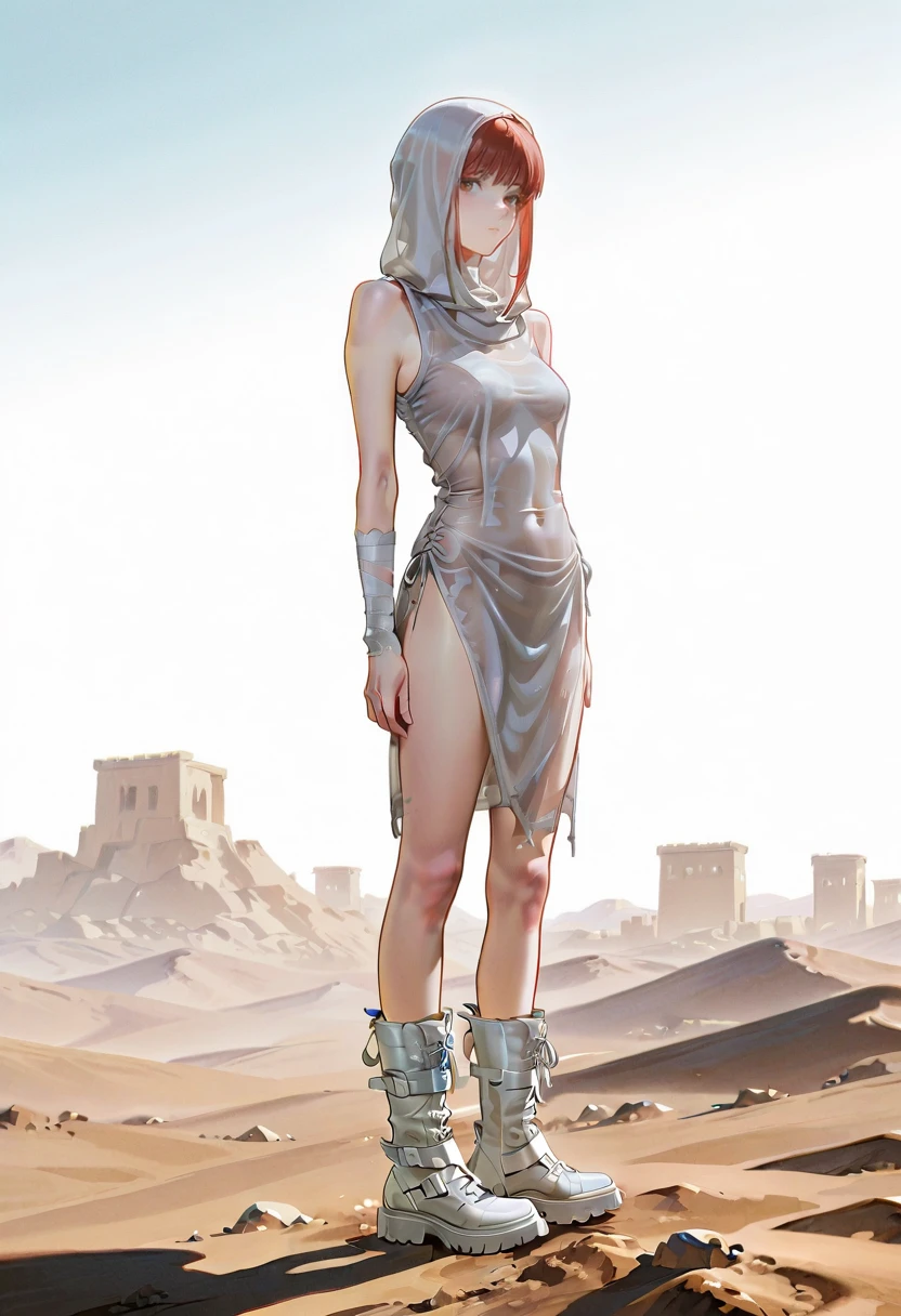 1girl,solo,looking at viewer,ikeda ruriko, desert,tr dress, see-through, hood, hood up, boots, white footwear, bandages, makima_(chainsaw_man)