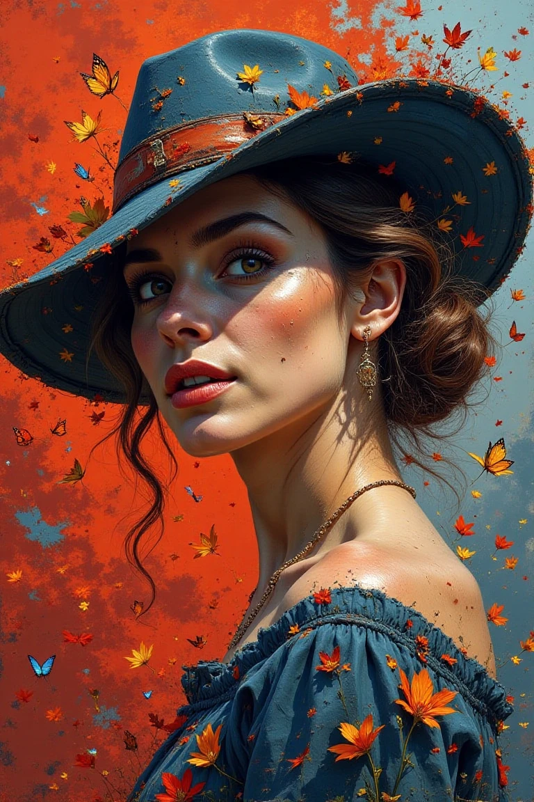 vintage art, A woman wearing a wide-brimmed hat, gorgeous colors, the woman's hair breaks into small pieces and turns into powder as it moves away from her head, the abstract red background and fantastic blue gradient add to the mysteriousness, the heavy and unstructured thick brush strokes beautifully express the portrait of a woman