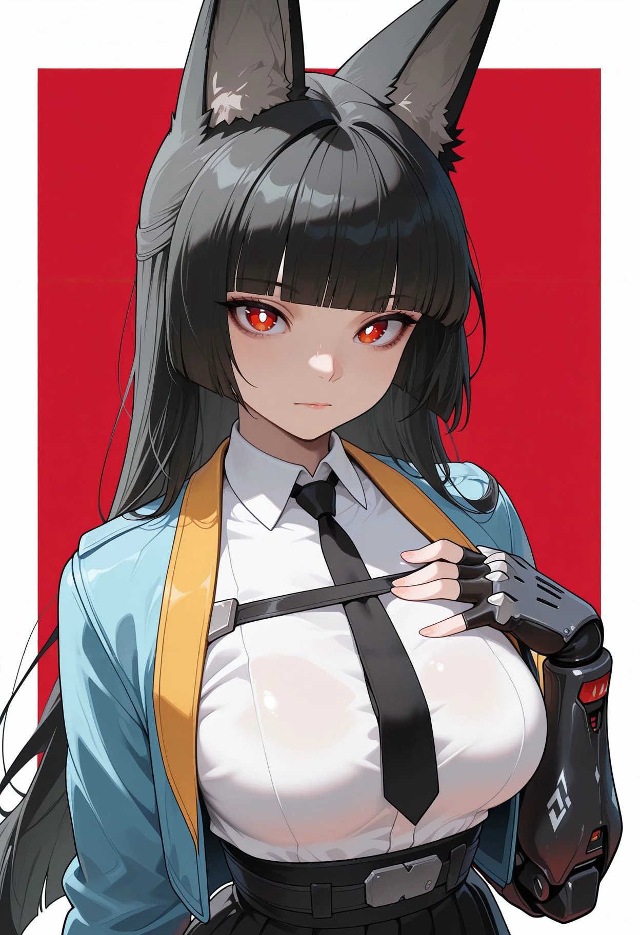 masterpiece,best quality,amazing quality,sharp details, vivid color <lora:miyabi_zzz _ilxl_goofy:1>  miyabizzz, 1girl, fingerless gloves, black necktie, black gloves, medium breasts, white shirt, looking at viewer, upper body, black skirt, collared shirt, closed mouth, hand on own chest, bright pupils, white pupils, open clothes, two-tone background, red background, simple background, hand up, blue jacket, blunt bangs,mechanical arms,