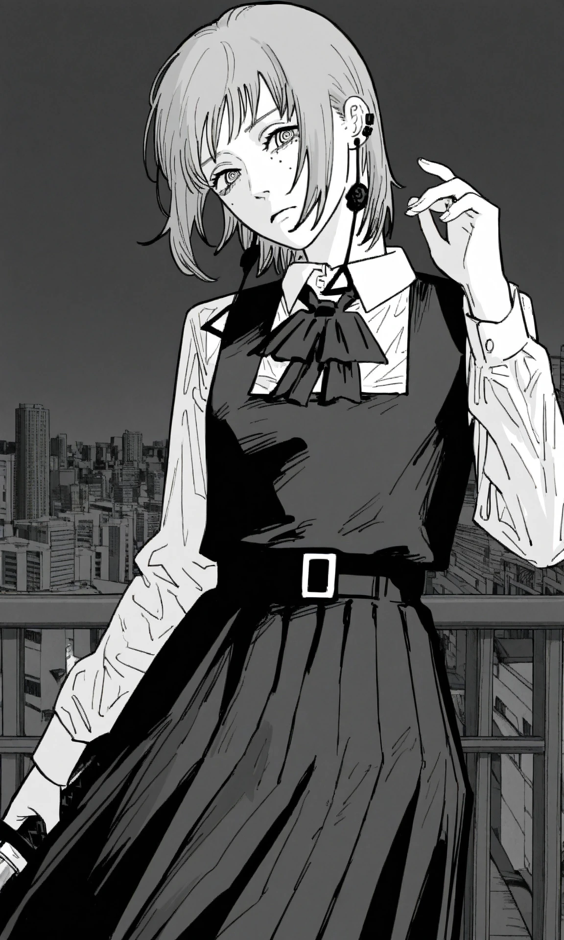 monochrome, greyscale, fami \(chainsaw man\), 1girl, short hair, tassel earrings, ringed eyes, goodearrings, head tilt, ear piercing, pinafore dress, school uniform, serious, collared shirt, neck ribbon, sleeveless dress, holding katana, hand up, katana, rooftop, wind, city, cowboy shot, (skinny:0.5), (masterpiece, best quality, very awa:1.0), recent, year 2024