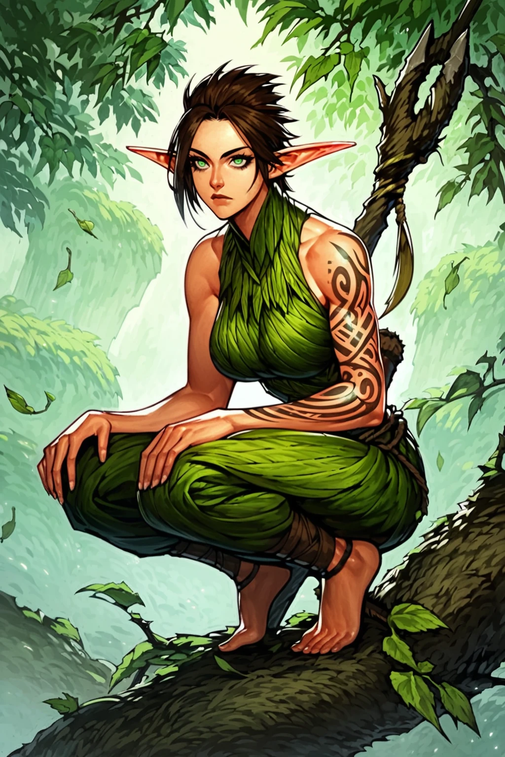 <lora:anime_mtg:1>1girl, mtg style, solo, holding weapon, magic the gathering, long ears, green leaf clothes, short tomboy hair, athletic build, medium beasts, green eyes, squatting in a tree branch, long pointy ears, elf ears,, , source_anime, score_7_up, score_8_up,. spear, brown hair, tattoos,