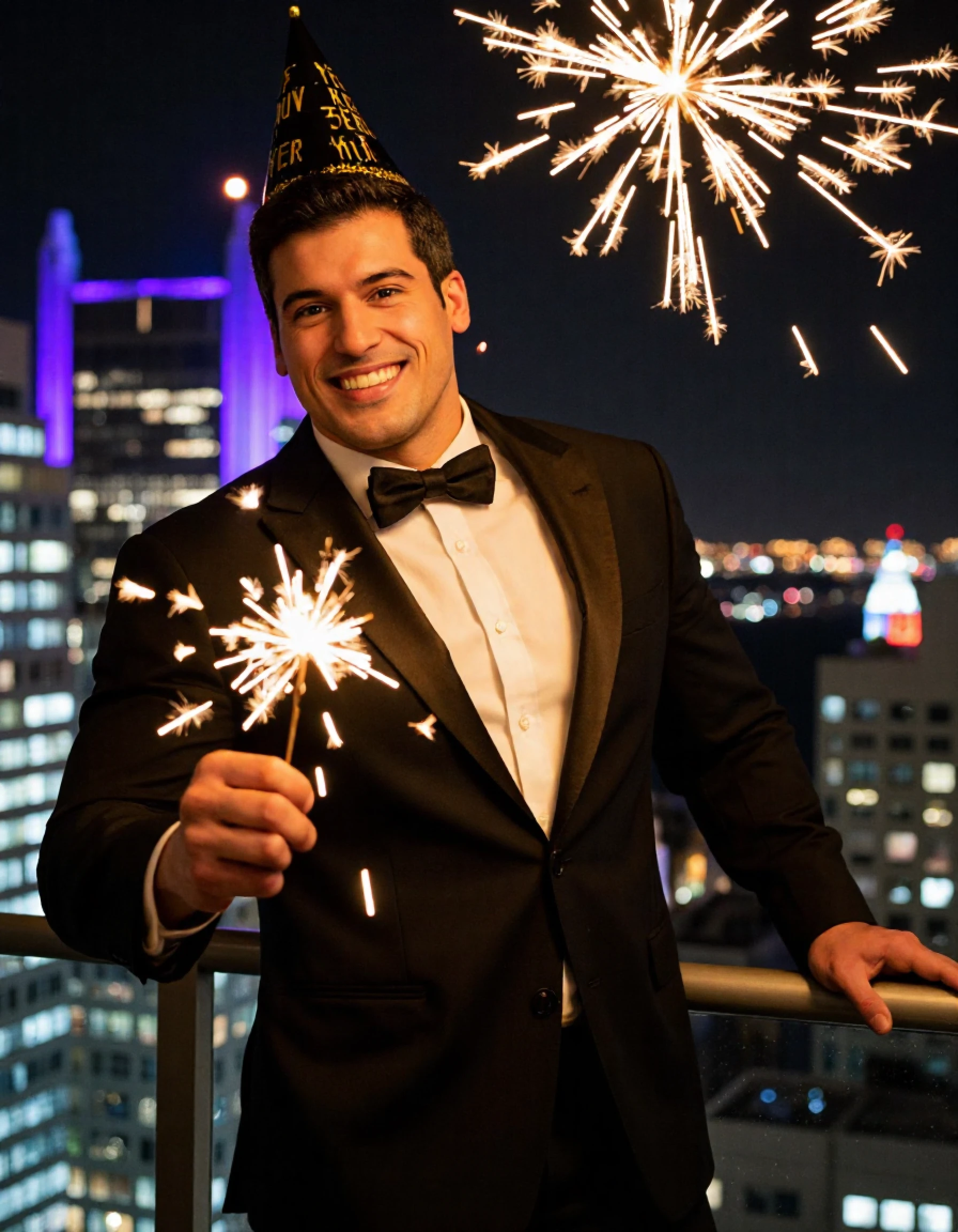 giobenitez a man standing on a balcony. he is handsome. he is muscular. he is wearing a tuxedo. he is wearing a bowtie. he has a new years hat. he is smiling. he is looking at you. he is holding a sparkler. he is in New York. he is celebrating the new year. it is nighttime. it is the new years eve event. 