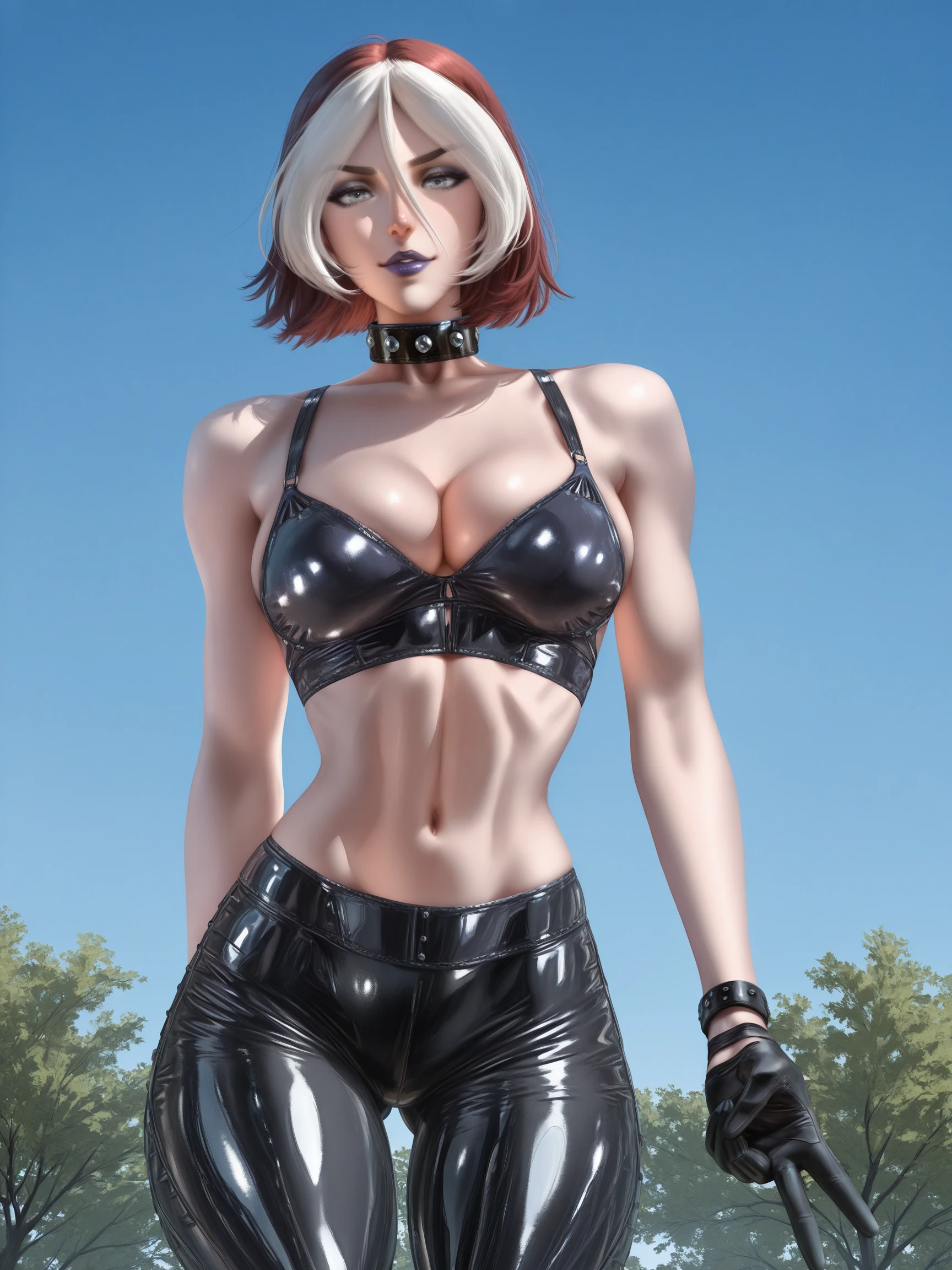 masterpiece, best quality, high quality, detailed, absurdres,
grey eyes,
rogueill, 1girl, solo, looking at viewer, short hair, large breasts, navel, cleavage, hair between eyes, medium breasts, outdoors, sky, day, black gloves, midriff, pants, bra, collar, lips, grey eyes, makeup, , lipstick, eyeshadow, purple lips, tight pants, leather pants, bangs,v,
<lora:rogueill-000007:1>,
<lora:Sakimichan_Style_-_Illustrious:1>