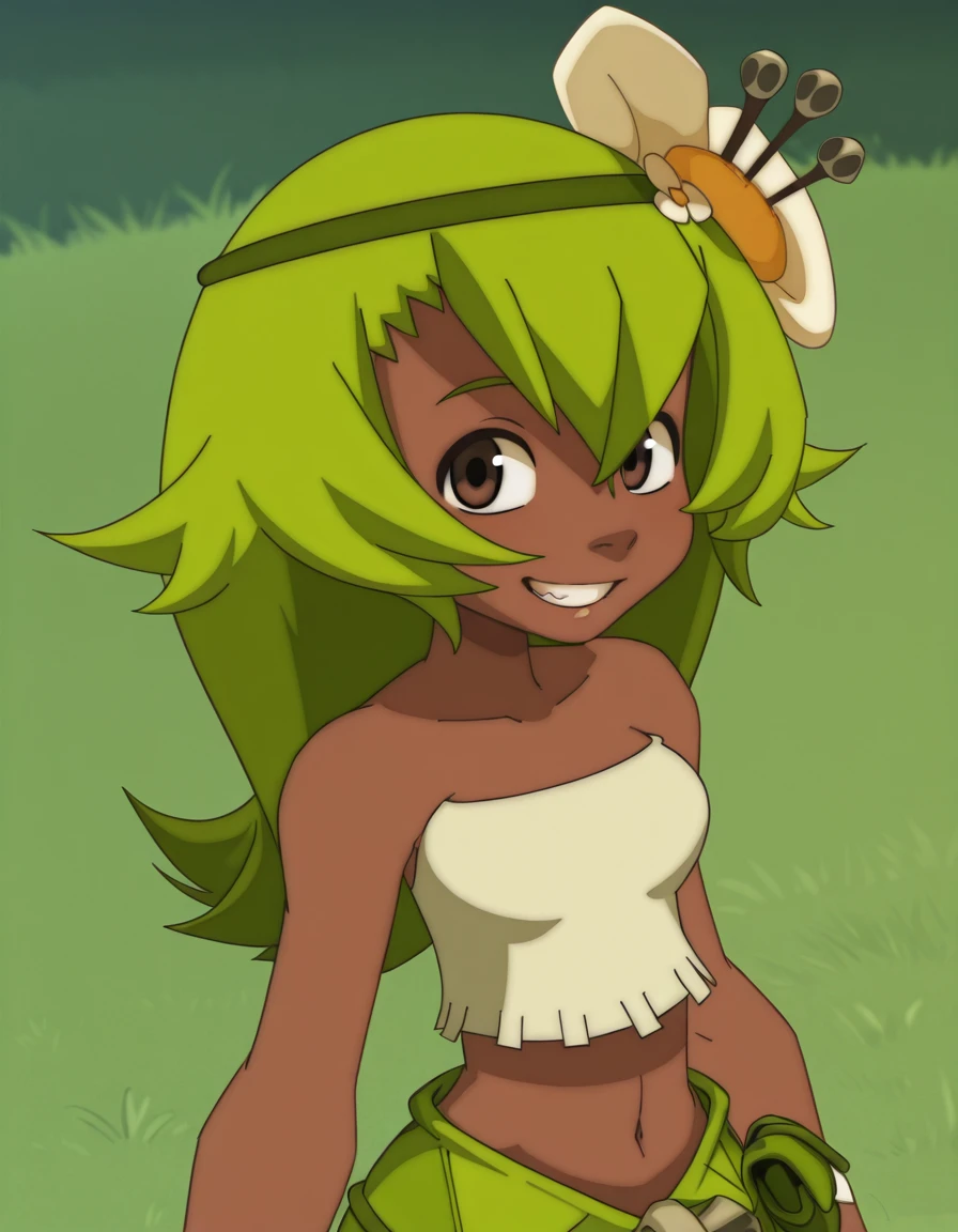 <lora:AmaliaWakfuIllustrious1.0JLFO:1> amalia, 1girl, hairband, solo, hair flower, green hair, dark skin, dark-skinned female, long hair, brown eyes, bare shoulders, breasts, strapless, tube top, midriff,grass skirt,upper body, teeth, grin,  looking at viewer,