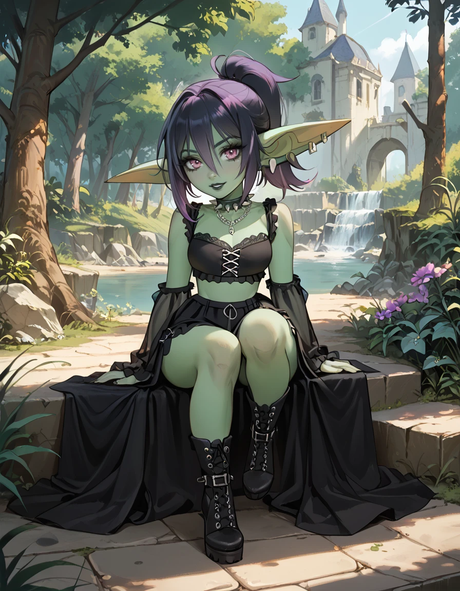 score_9,score_8_up,score_7_up,score_6_up,
outdoors,
full body,seductive smile,parted lips,long eyelashes,
<lora:Lolla_v01_PDXL:1>,Lolla,1girl,solo,goblin girl,gothic,green skin,long pointy ears,earings,multicolored hair,black hair,purple hair,ponytail,bangs,hair between eyes,pink eyes,spiked choker,black lips,
<lora:add-detail-xl:1>,