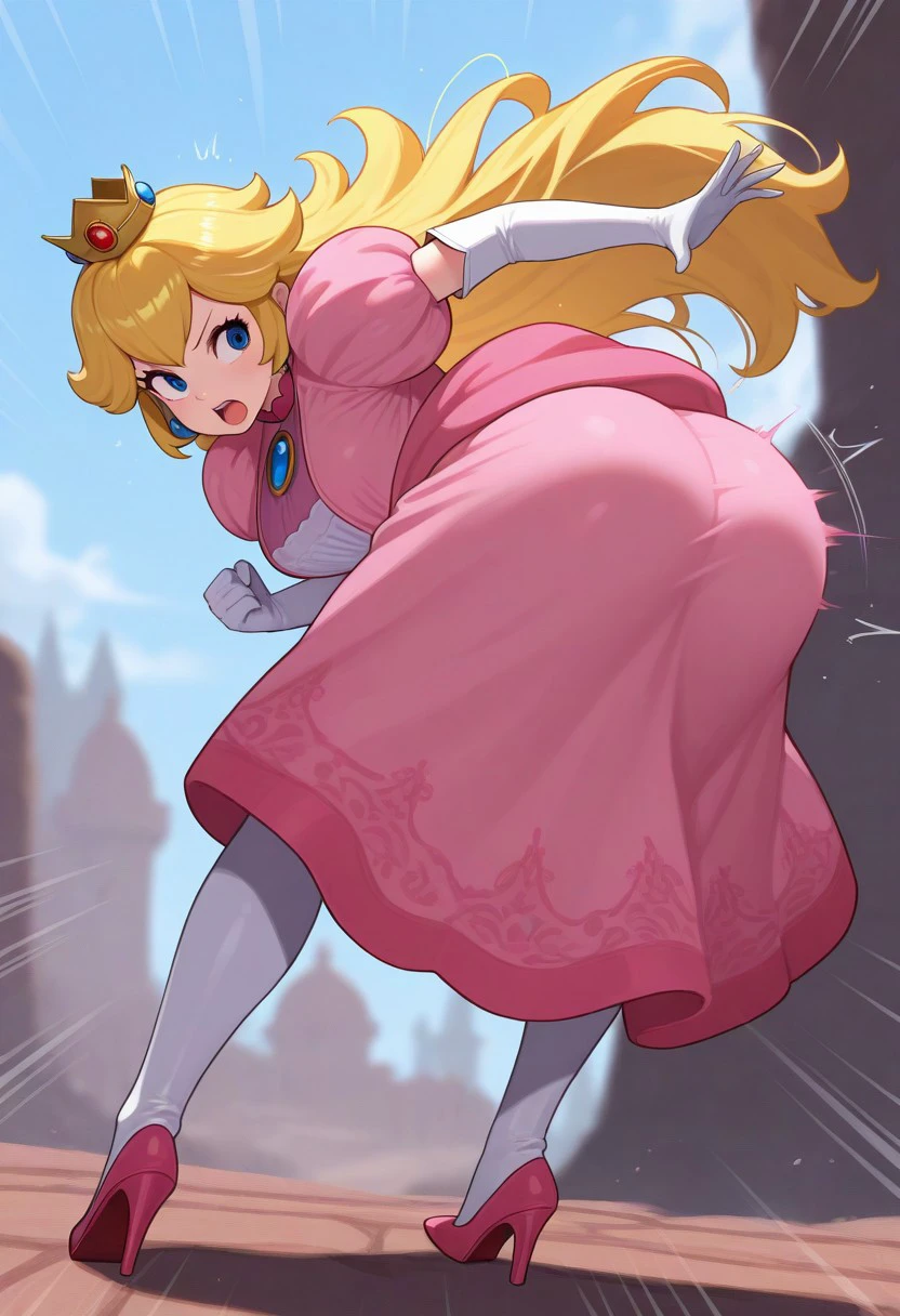 best quality, masterpiece, amazing quality, very aesthetic, absurdres, 
1girl, solo, action pose, fighting, 
peachbomber, aimedsideways, 
princess peach, 
action lines, 
abstract background