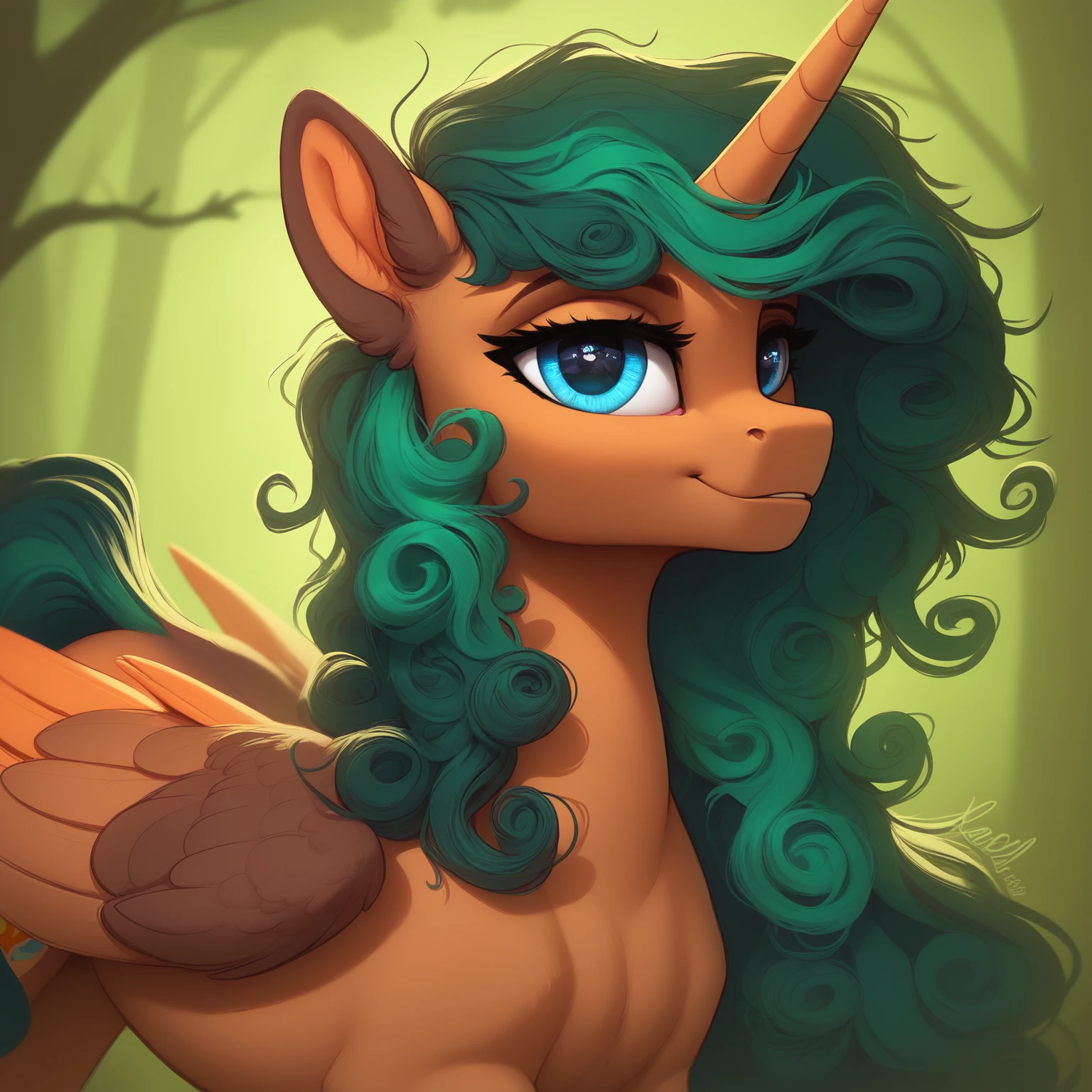 score_9, score_8_up, score_7_up, best quality, full color, detailed fur, [[feral]] female winged unicorn,  wings, raised wings, (darkbrown fur, dark brown belly), green hairs, (long messy hair), [curly bangs], blue eyes, tail,  looking at viewer, sneaked, alarmed face, looking at viewer, close-up, derp eyes, face focus, mlp
outdoor, forest
<lora:add_detail:1>
<lora:cervina-guy-PONYv1:0.8>
<lora:Braeburned_Style_PonyXL:0.3>
 <lora:Vivid_Hair:0.5> sun53t- Sunset hair: gradient color palette with reds oranges and greens