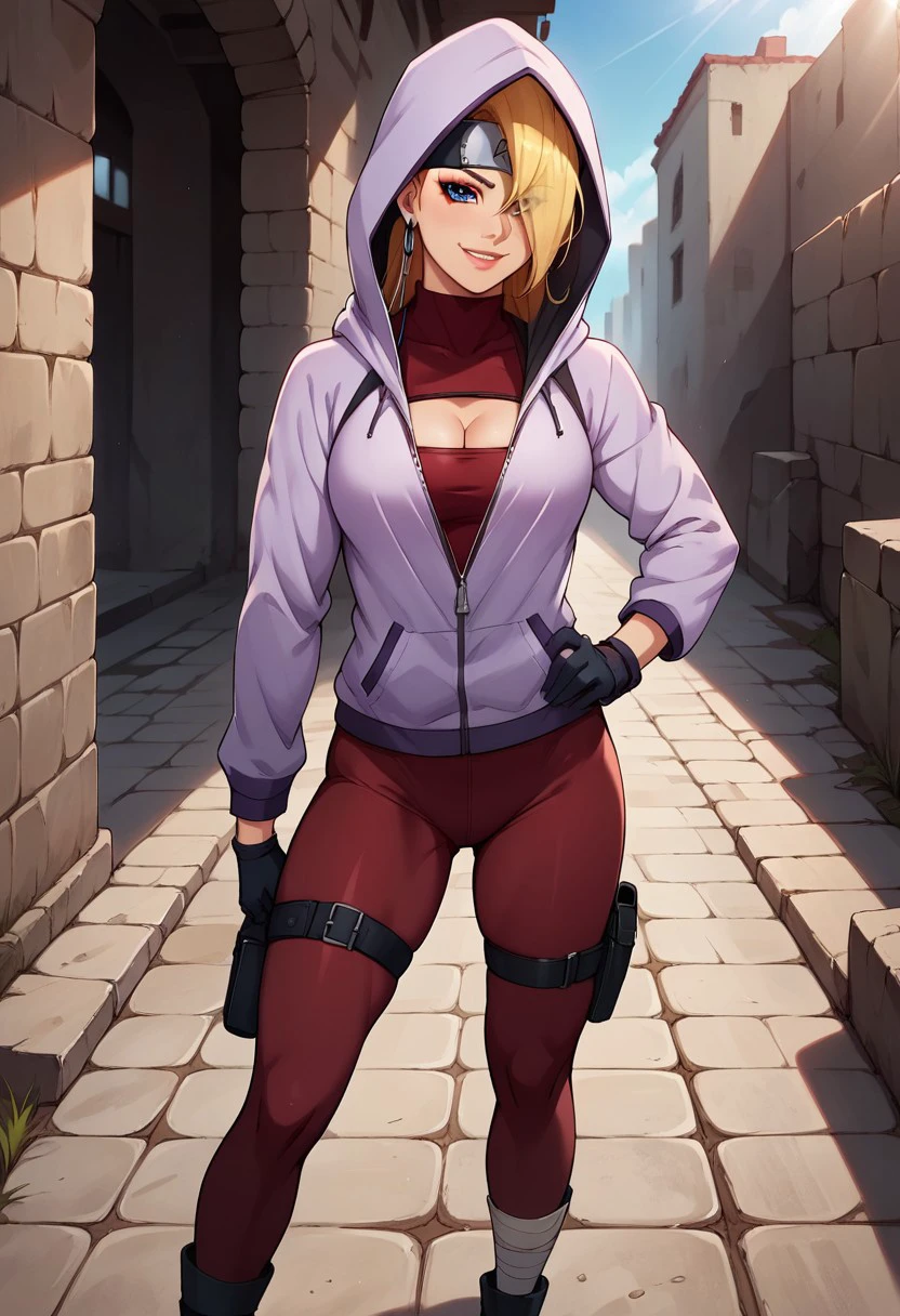 YodoBNNG, 1girl, solo, fair-skinned girl, blonde hair, long hair, unruly hair, hair between eyes, hair over one eye, large bang, forehead protector, dark blue eyes, lips, large breast, cleavage cutout, clothing cutout, hood, hoodie, jacket, half-unzipped hooded light purple jacket, dark red full-body suit, black gloves,  sandals, toeless footwear, earbuds, bandages around her ankles, bandages right thigh, makeup, thigh pouch,   
seductive pose, sexy pose, tease,  in the spotlight,,
smile,ruins,hand on hip,
score_9, score_8_up, score_7_up, beautiful aesthetic, very intricate, high quality details,vibrant, highly detailed, award-winning, professional,anime artwork, anime style, studio anime, athletic, curvy body, athletic girl, perky tits,large breast,perfect tits, round breasts, nipple outline,looking at viewer, pinup pose,teasing, dynamic lighting, cinematic, smug, better than you, aura of temptation, highly detailed, high resolution, masterpiece, detailed clothes, detailed background, highly detailed, ((sound effects)) comic layout,