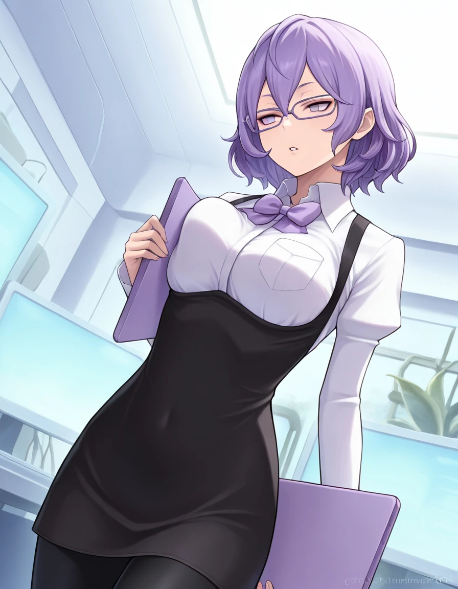 masterpiece, best quality, 1girl, <lora:Mirei_Mikagura_IL_v2:0.8>, mikaguramirei, medium hair, purple hair, purple eyes, no pupils, glasses, purple glasses, bow, layered clothes, white shirt, long sleeves, black dress, short dress, black leggings, computer, holding computer, parted lips, breast press, room