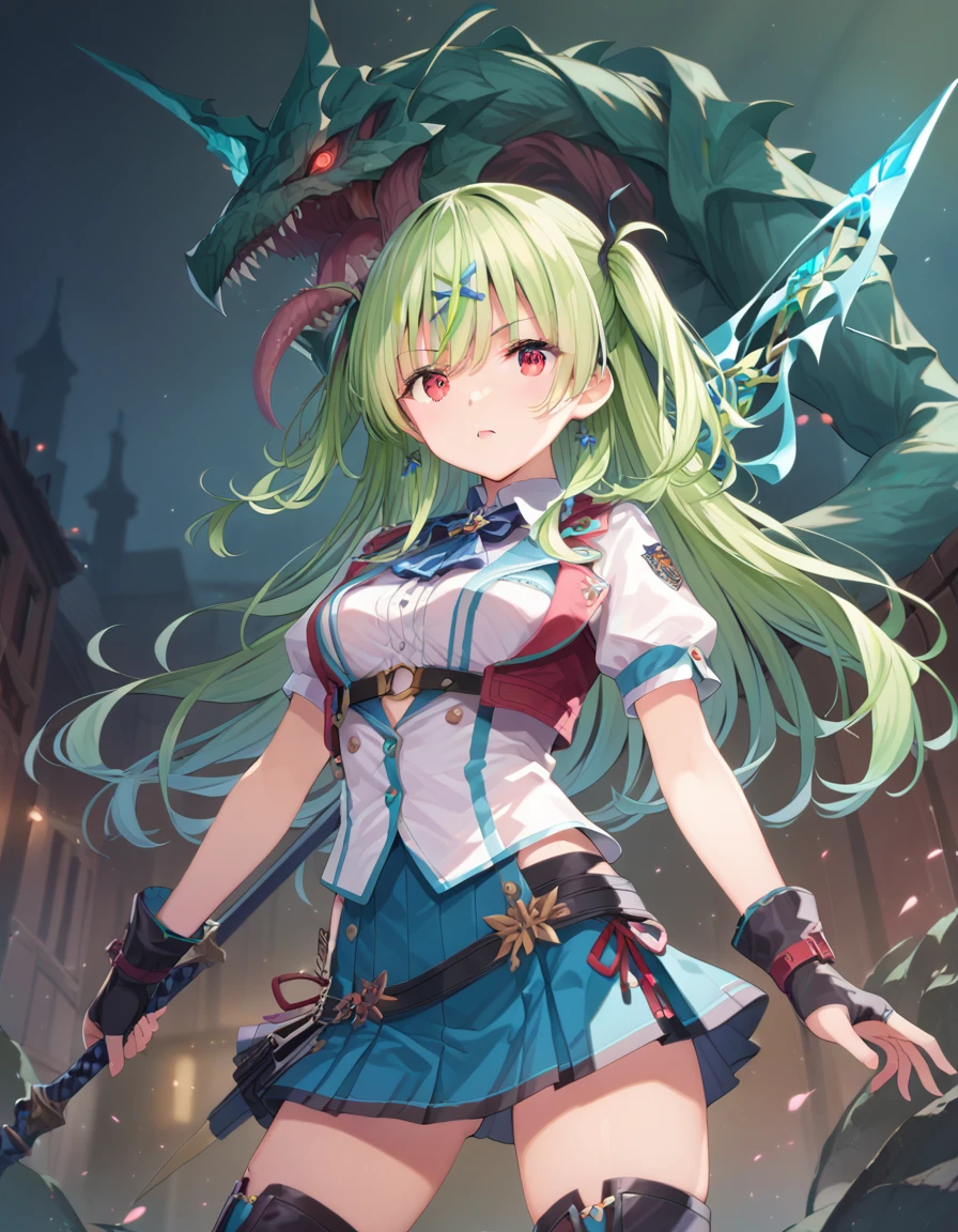 score_9, score_8_up, score_7_up, source anime,  masterpiece, best quality, highres, 1fighiting girl, weapon, monster , isuzuosm, shirt, mini skirt, medium breasts, cowboy shot, green hair, long hair, red eyes<lora:oshimaisuzu_XL_V1:.9>