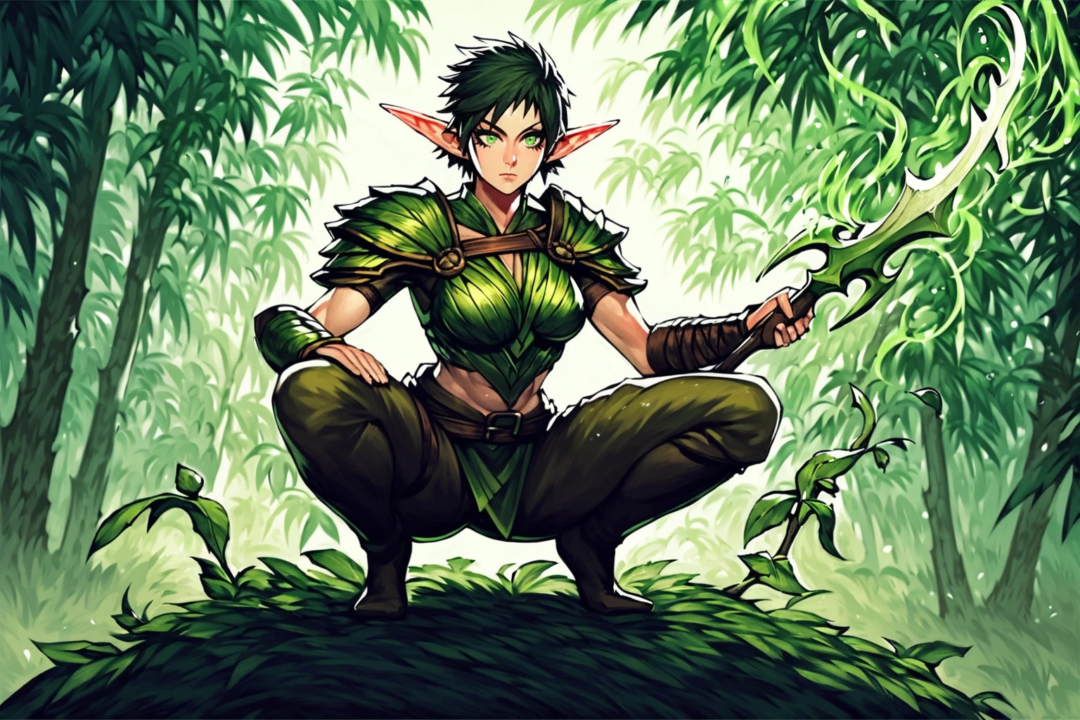 <lora:anime_mtg:1>1girl, mtg style, solo, holding weapon, magic the gathering, long ears, green leaf armor, short tomboy hair, athletic build, medium beasts, green eyes, squatting in a tree branchm, long pointy ears, elf ears,, , source_anime, score_7_up,