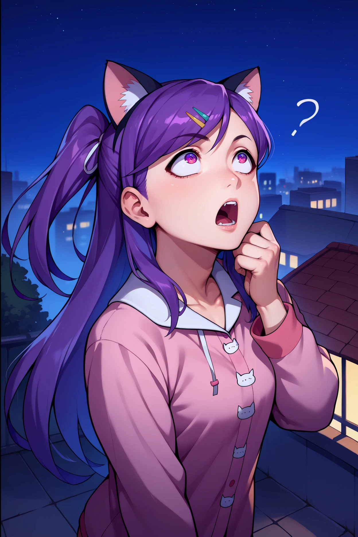 score_9, score_8_up, score_7_up, score_6_up, source_anime, 1girl, solo, <lora:kamuromasumi-pdxl-nvwls-v1_1-000005:1> hskamuro, one side up, purple hair, long hair, purple eyes, hairclip, cat ears, cat pajamas, looking up, open mouth, surprised, night, night sky, rooftop, city, hand on own head