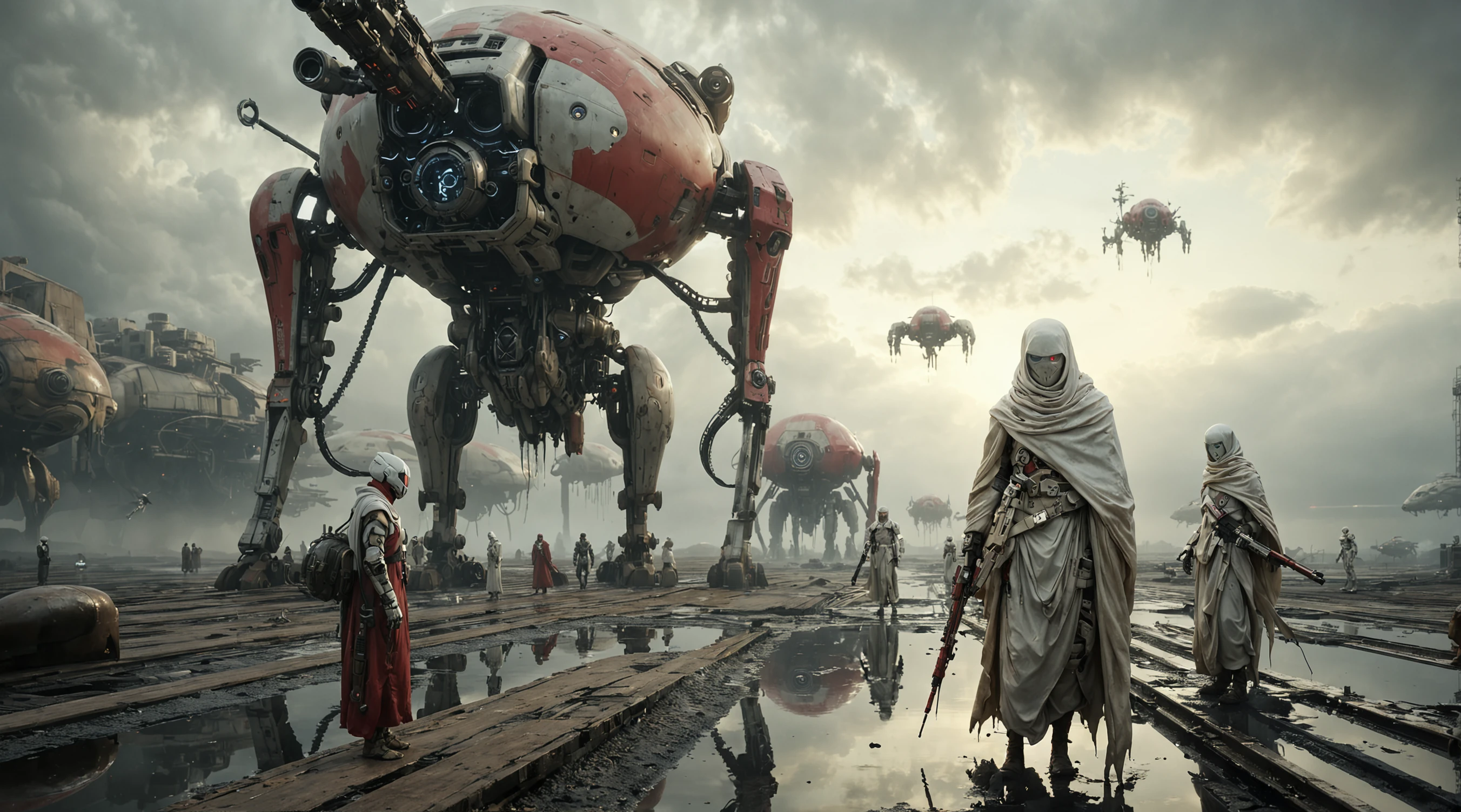 (ultra high definition) (finely intricate details:1.4)  albino gloomy photography of   a digital art piece that appears to be a futuristic landscape with a large mecha-like structure in the center. The mecha is red and white in color and has a big rotating gun arms and legs. It is standing on a wooden platform with a puddle of water in front of it. In the background, there are several other mecha and spacecrafts flying in the sky. some buildings to the left. On the right side of the image, there is a group of men from the desert walking on the platform, some of them are wearing white robes and headscarves, while others are wearing red robes. They appear to be walking towards the mecha. The sky is cloudy and the ground is wet, suggesting that it has recently rained. The overall mood of the scene is one of chaos and destruction