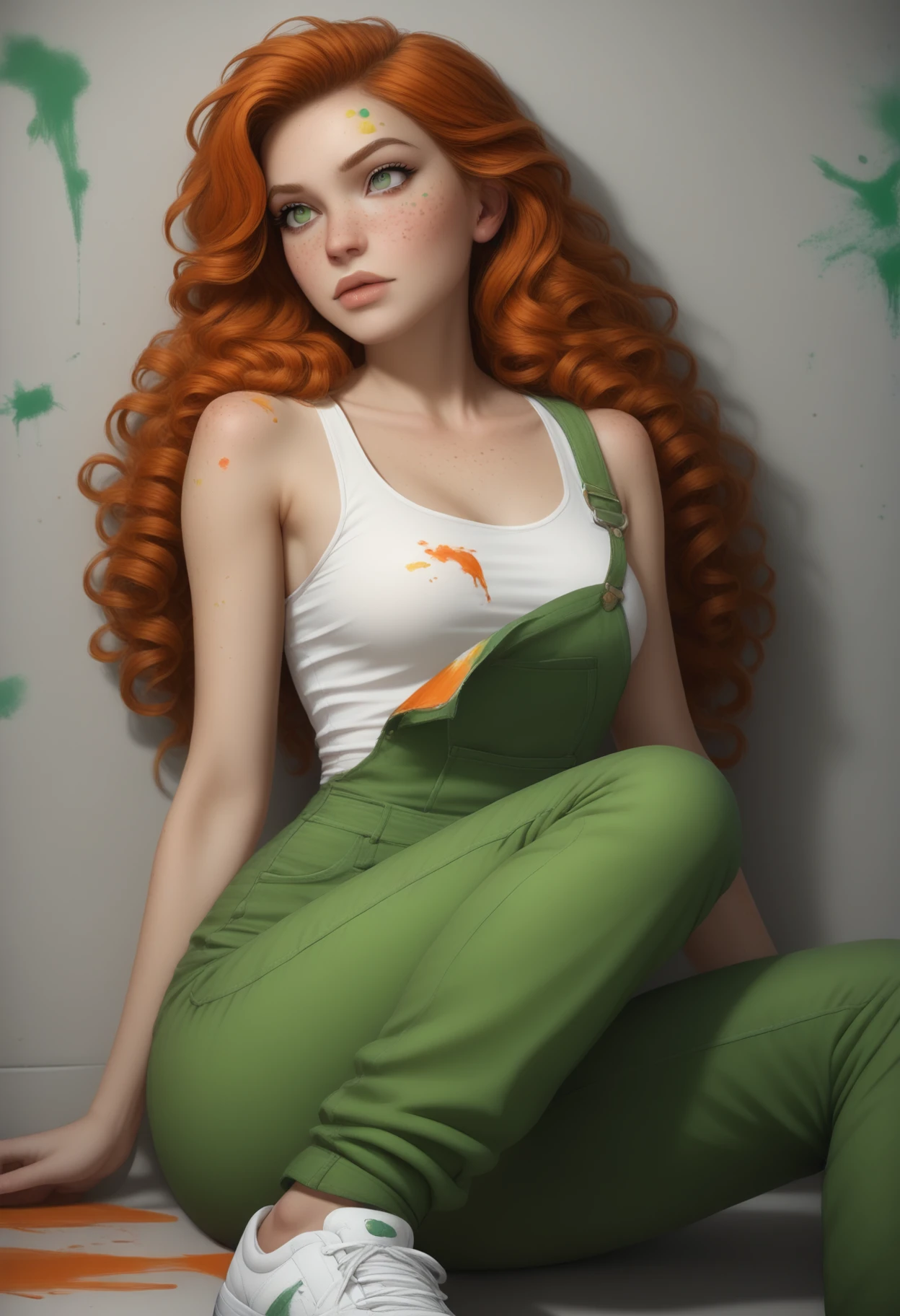 ((masterpiece, best quality, absurdres)),
1girl, solo, green overalls, white tank top, white sneakers, paint splatter on clothes, artist painter, wall, paint,
 <lora:Dark_Erin_Illust_v1:0.7> d4rk3r1n, orange hair, green eyes,