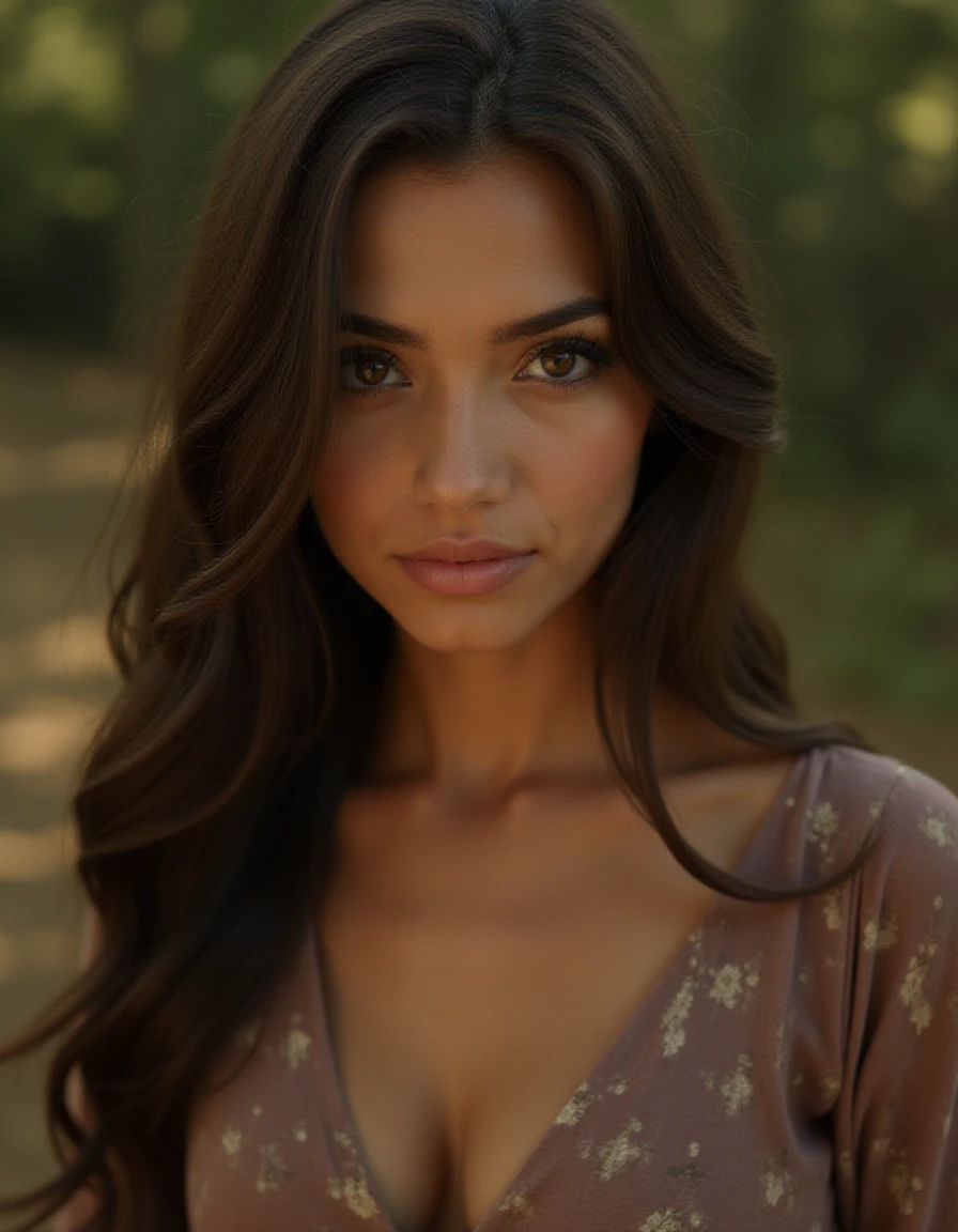 cinematic, closeup face, woman, brown eyes, long hair, dress, outdoors