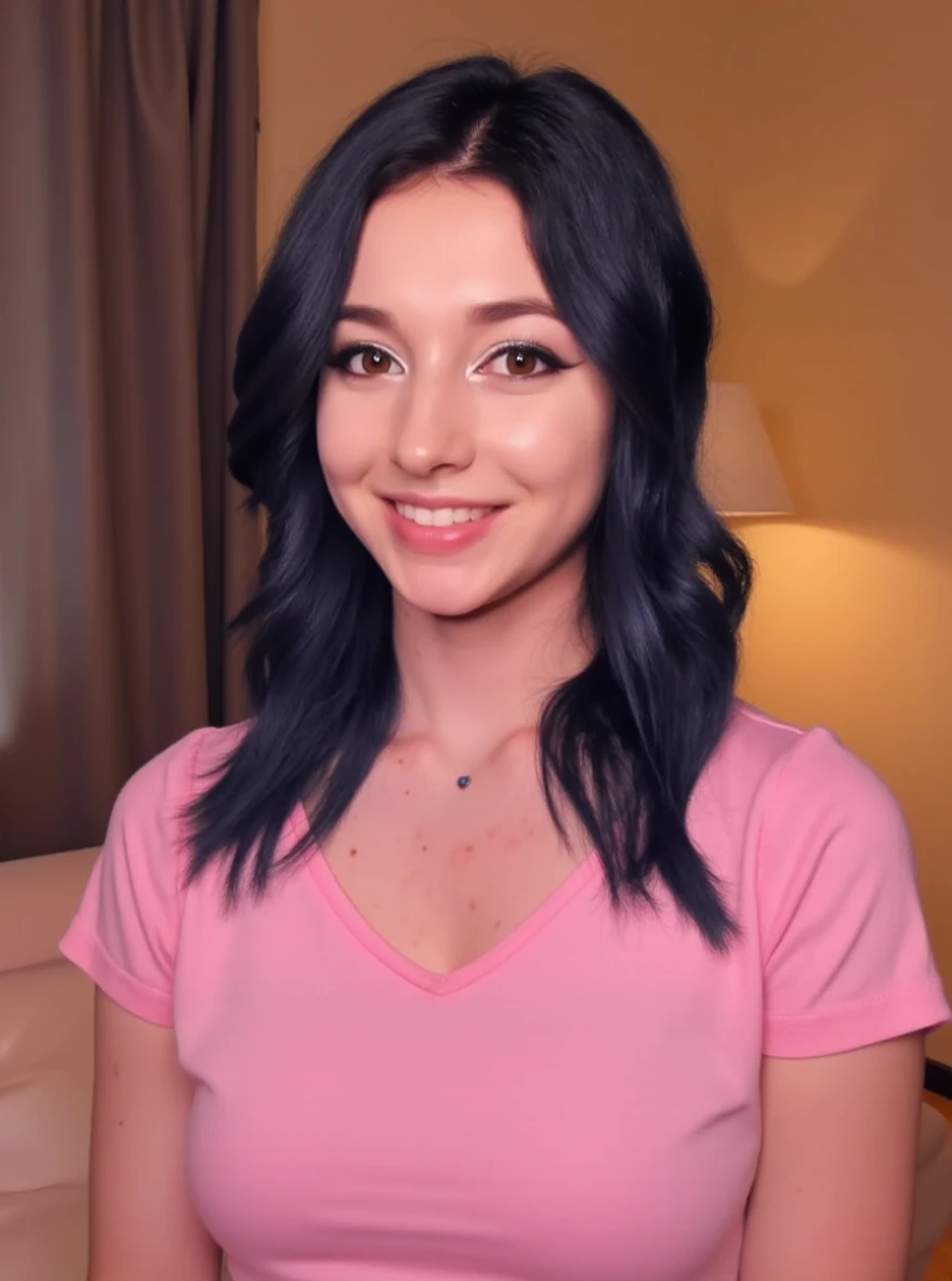 RAW closeup photo of y0ur_d3sss3rt woman, wearing a pink tshirt, in a living room, detailed face, natural lighting, highly detailed, absurdres, sexy, a blue diamond in the chest

