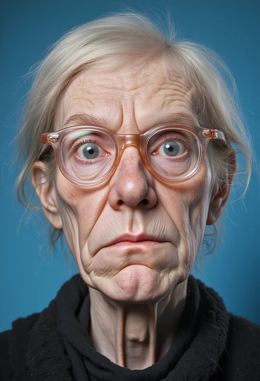 uglylora, surreal psychopop, andy warhol in frankenstein with glasses on his face, solid matte blue background