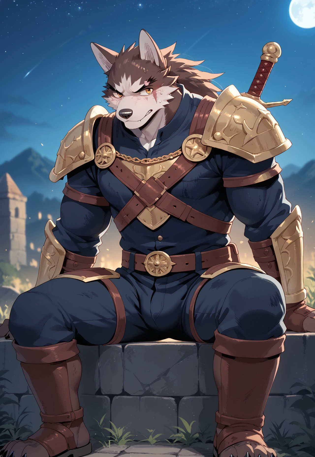 score_9, score_6_up, score_8_up, score_7_up, hero_wolf, 1boy, furry male, male focus, solo, bara, yaoi, muscular, brown fur, warrior, armor, shoulder armor, pants, outdoors, sitting on stone, looking at sky, night time, starry night, close up shot, face close up