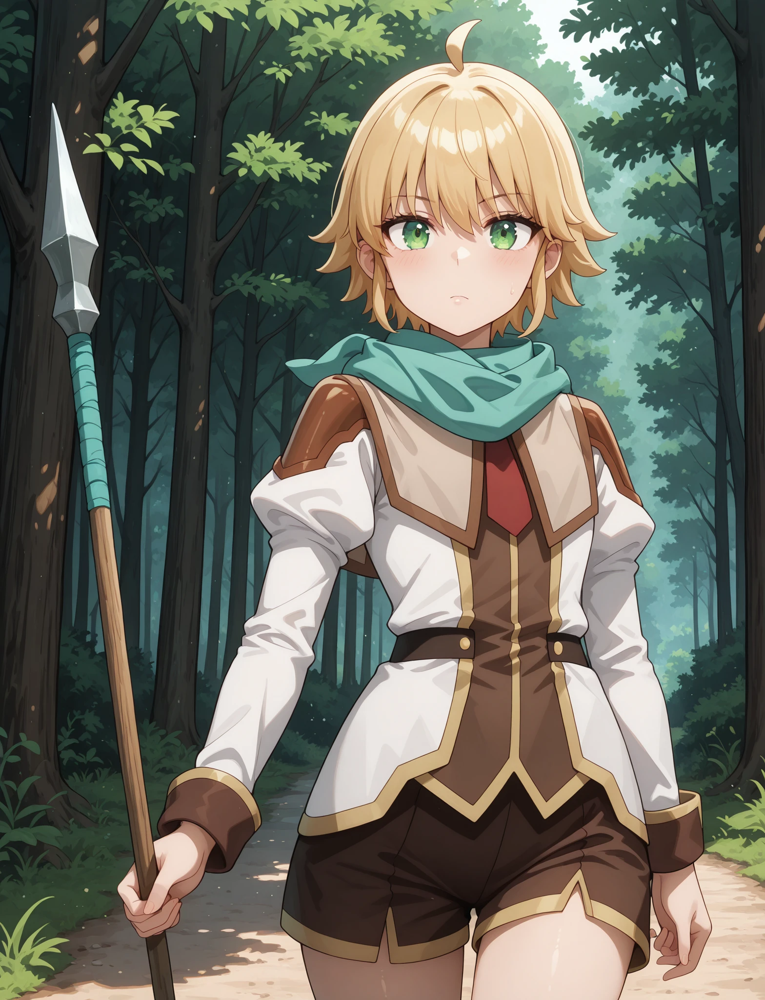 masterpiece, best quality, newest, absurdres, highres, 1girl, solo, <lora:MLF-Yuno_ILL_epoch_10:1> yuno-mlf, blonde hair, green eyes, short hair, ahoge, 
yuno-default-outfit, 
outdoors, forest, cowboy shot, wooden spear,