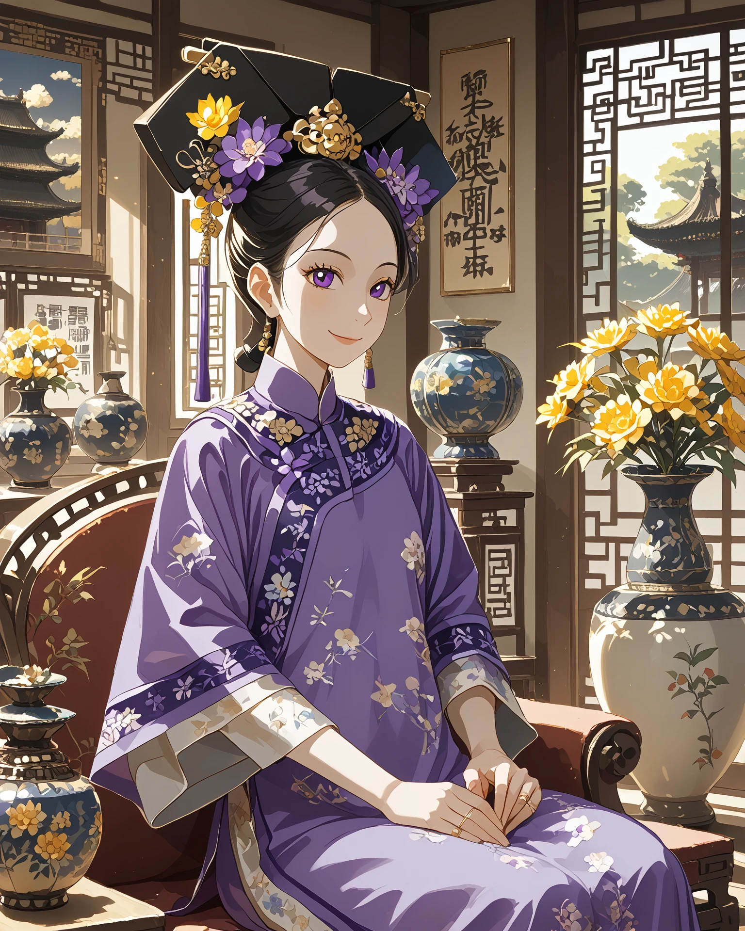 1girl, qingfa, (qingfa scarf), holding a vase, ornate clothing, flowers, asian sitting room, wood panel wall, purple clothing, gold accents, light_smile, intricate patterned fabric, brocade, jacquard fabric, masterpiece, highest quality, absurdres, digital art, very detailed, score_9, score_8_up, score_7_up, evening,  <lora:QingFashion_XL_V3:1.1>,  <lora:harada_takehito_PDXL:1> harada takehito