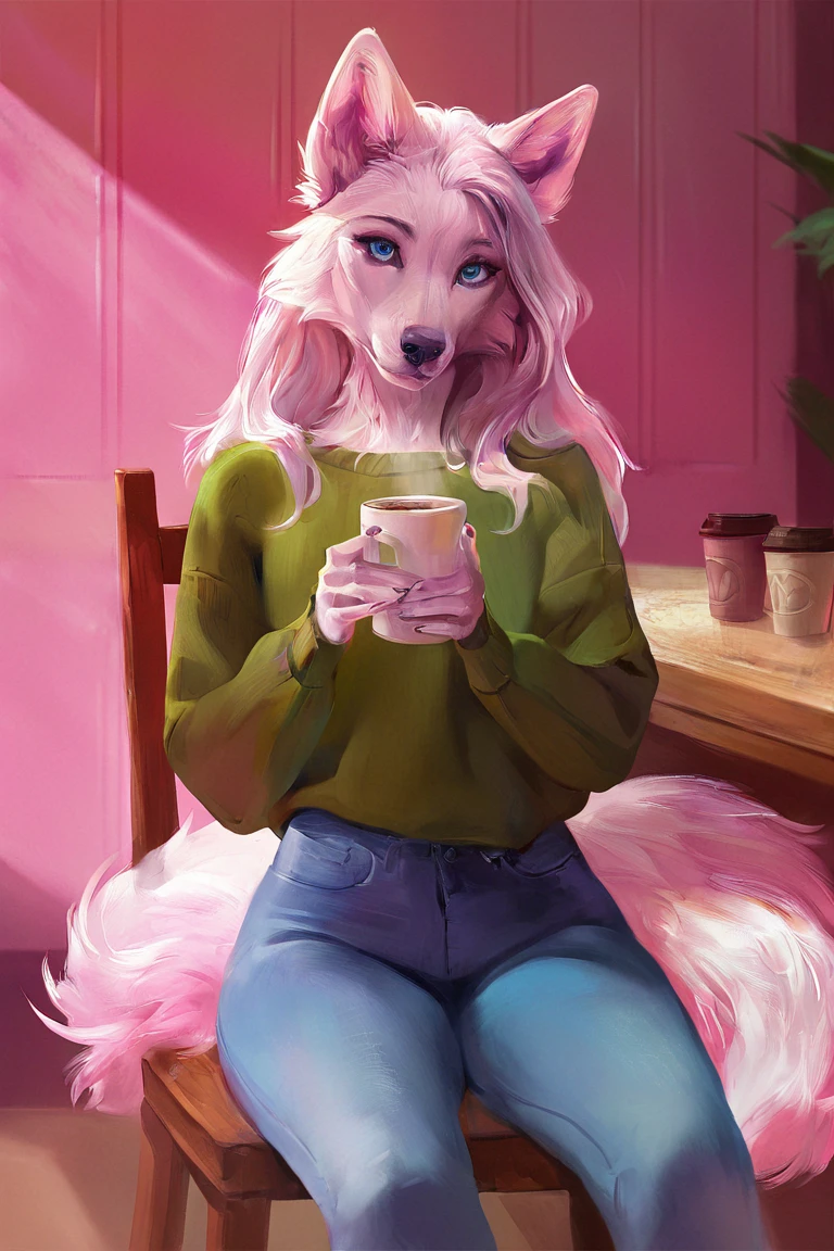 masterpiece, best quality, highres, newest, concept art, digital art, realistic, pink theme, anthro, furry, wolf, white fur, long hair, white hair, blue eyes, green sweater, long sleeves, blue jeans, holding cup, coffee cup, 1girl, solo, looking at viewer, cowboy shot, sitting, on chair, indoors, cafe <lora:Pink Dreams [LoRA] - NoobAI-XL EPS 1.0:0.8>