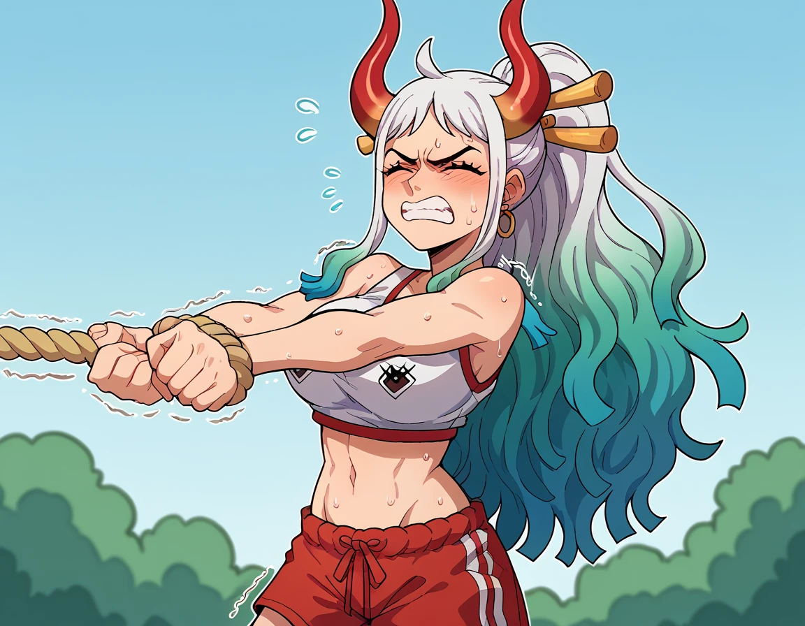 score_9, score_8_up, score_7_up, source_anime, <lora:one-piece-yamato-ponyxl-lora-nochekaiser:1> yamato, ahoge, aqua hair, curled horns, earrings, green hair, grey hair, hair ornament, hair stick, high ponytail, horns, long hair, multicolored hair, multicolored horns, oni, red horns, shimenawa, sidelock, large breasts,, <lora:tug-of-war-ponyxl-lora-nochekaiser:1>, tug of war, flying sweatdrops, pulling, outdoors, rope, struggling, trembling, teeth, sweat, closed eyes, , sports bra, sportswear, midriff, navel, shorts, solo,