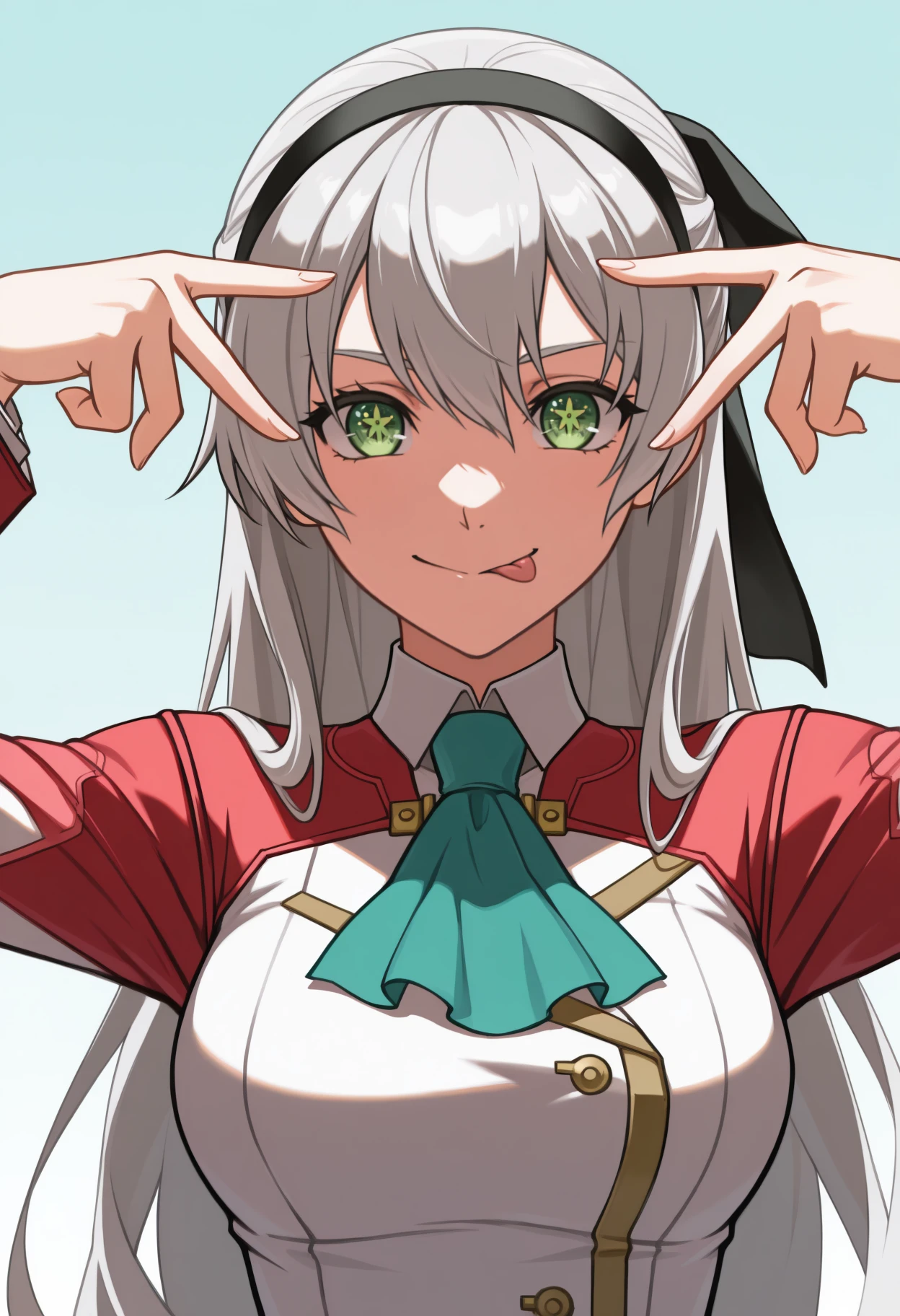 masterpiece, best quality, upper body, solo, 1girl, zrelie, aihsnpose, smile, tongue out, double v, star-shaped pupils, grey hair, long hair, half updo, green eyes, black hairband, hair ribbon, white and red uniform, white dress, aqua ascot
 <segment:yolo-Anzhc Face seg 640 v2 y8n.pt,0.4,0.5//cid=1>