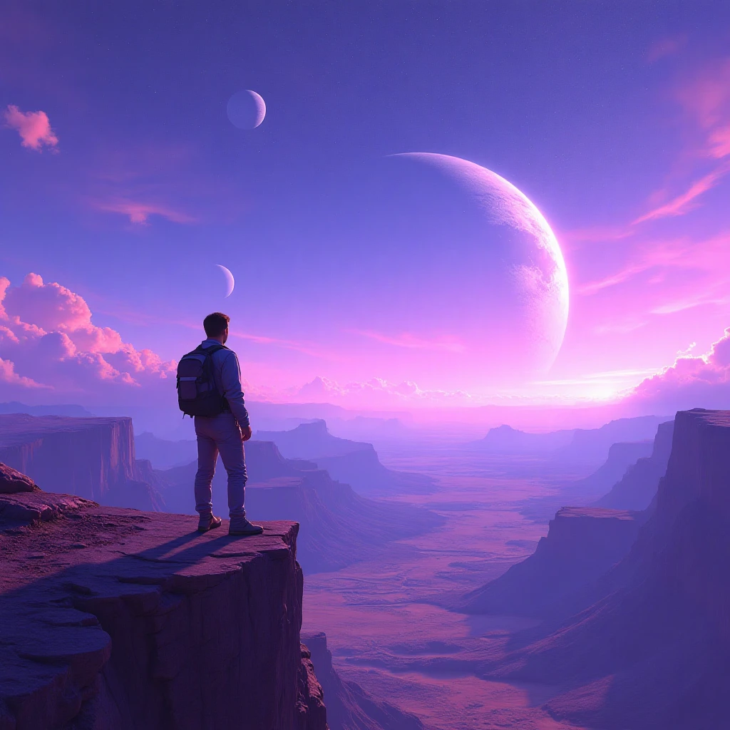 Cameron Mitchell standing on a cliff overlooking a breathtaking alien landscape. The sky is a vivid mix of purples and blues, with multiple moons and a distant ringed planet. Mitchell is in a moment of reflection, taking in the awe-inspiring view.