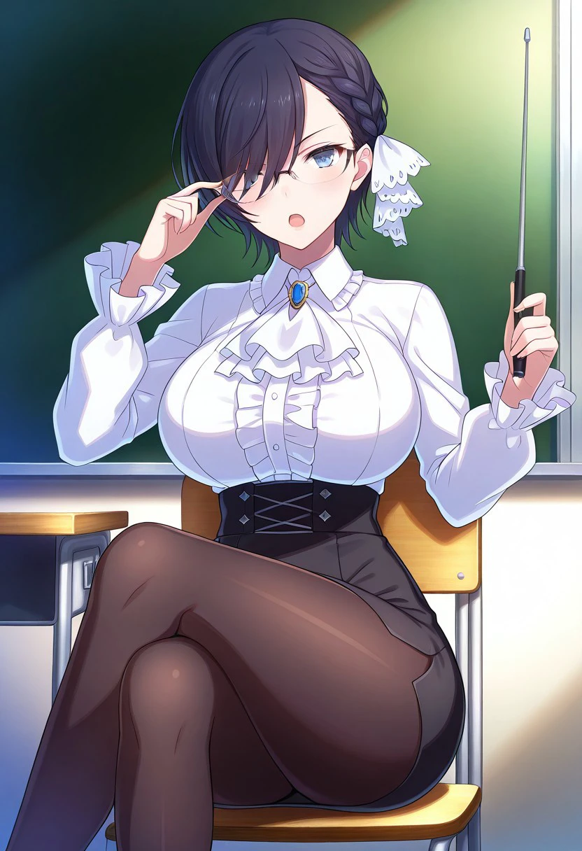 1girl, very short hair, short hair, black hair, purple eyes, mature female, hourglass figure, breasts, teacher, shirt, white shirt, skirt, pencil skirt, pantyhose, black pantyhose, belt, choker, cleavage, tall, serious, collar, button shirt, pixie cut