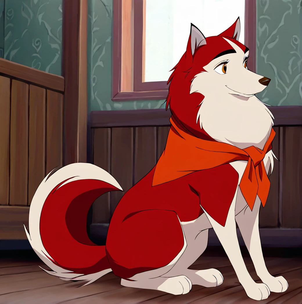 masterpiece, best quality, detailed, detailed background, absurd res,  <lora:jennabaltoillustrious:1>, 1girl, jenna\(balto\), solo, smile, full body, indoors, from side, no humans, animal, dog, animal focus, two tone fur, red fur, canine , amber eyes, neckerchief