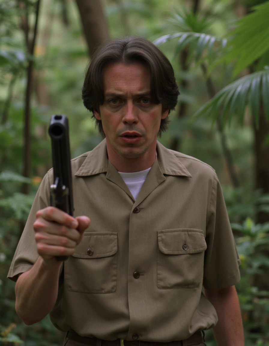 donnie_person dark hair, in the jungles of vietnam holding a gun <lora:DonnyFlux (2) final flux:1>