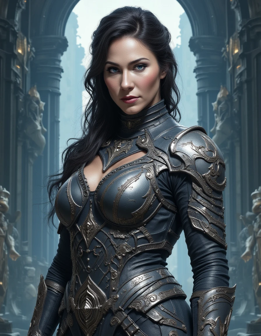 a stunning, fair-skinned woman with dark, braided hair. She wears ornate, silver armor adorned with intricate patterns, accentuating her ample breasts and toned physique. Her piercing blue eyes gaze forward with determination. The background is a grand, ancient stone structure with towering columns and statues, bathed in ethereal blue light, suggesting a fantasy setting. The overall mood is regal and heroic, reminiscent of a video game character design. <lora:lynn_collins_beta:0.9>  <lora:Magic of Art  2  (FLUX):0.7>