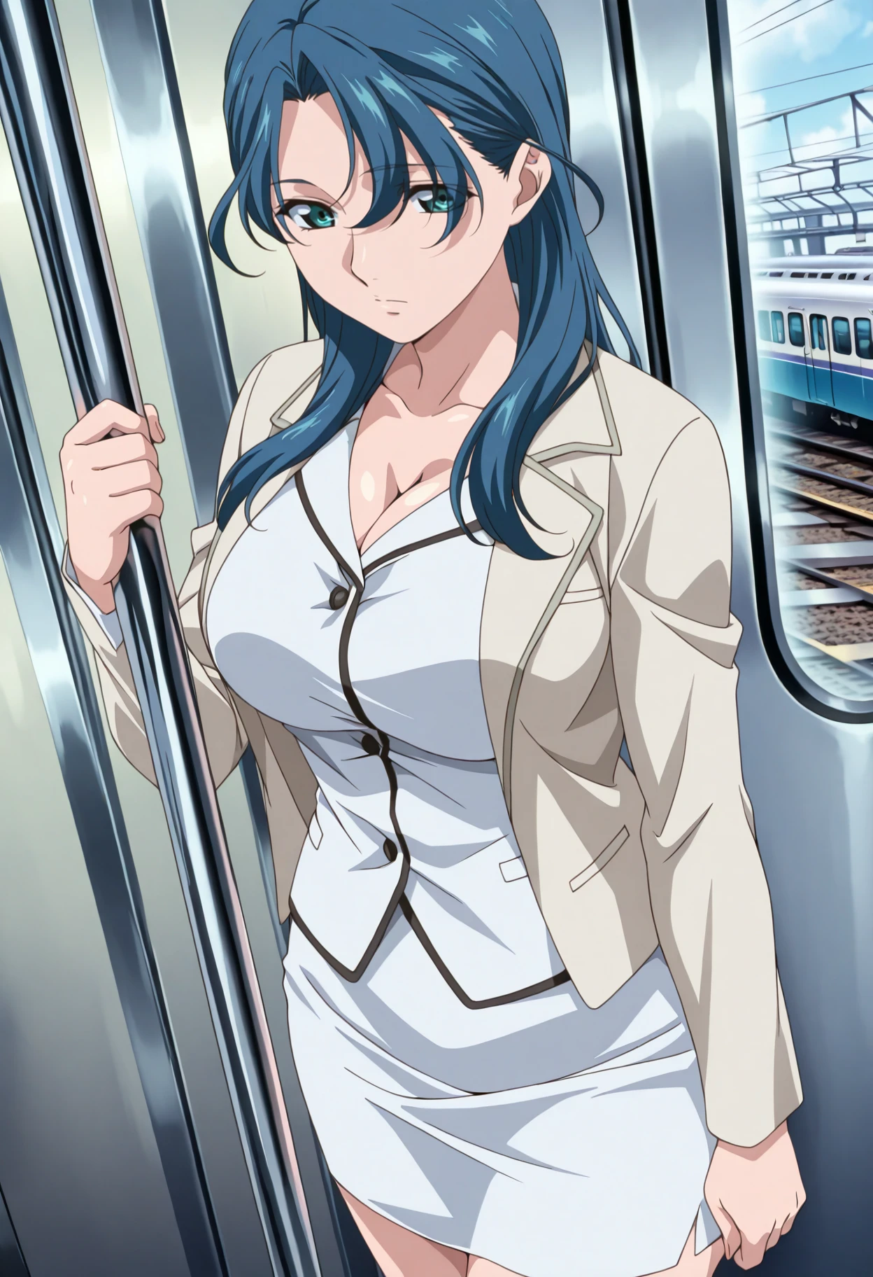 masterpiece,best quality, sayaka_i, 1girl, anime coloring, solo, long hair, blue hair, eyes visible through hair, aqua eyes, skirt suit, pink jacket, open jacket, white skirt, long sleeves, pencil skirt, large breasts, cleavage, expressionless, closed mouth,  holding pole, standing, train interior,  dutch angle,  <lora:sayaka_i_IL-000008:0.95>