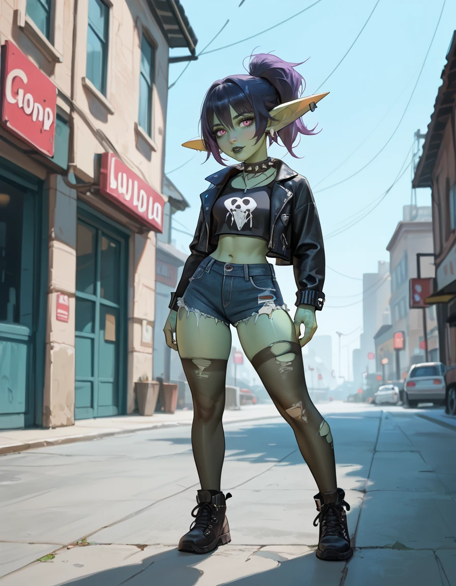 score_9,score_8_up,score_7_up,score_6_up,
outdoors,city, 
full body,seductive smile,parted lips,long eyelashes,
torn thighhighs, denim shorts, crop top, denim open jacket, 
<lora:Lolla_v01_PDXL:1>,Lolla,1girl,solo,goblin girl,gothic,green skin,long pointy ears,earings,multicolored hair,black hair,purple hair,ponytail,bangs,hair between eyes,pink eyes,spiked choker,black lips,
<lora:add-detail-xl:1>,