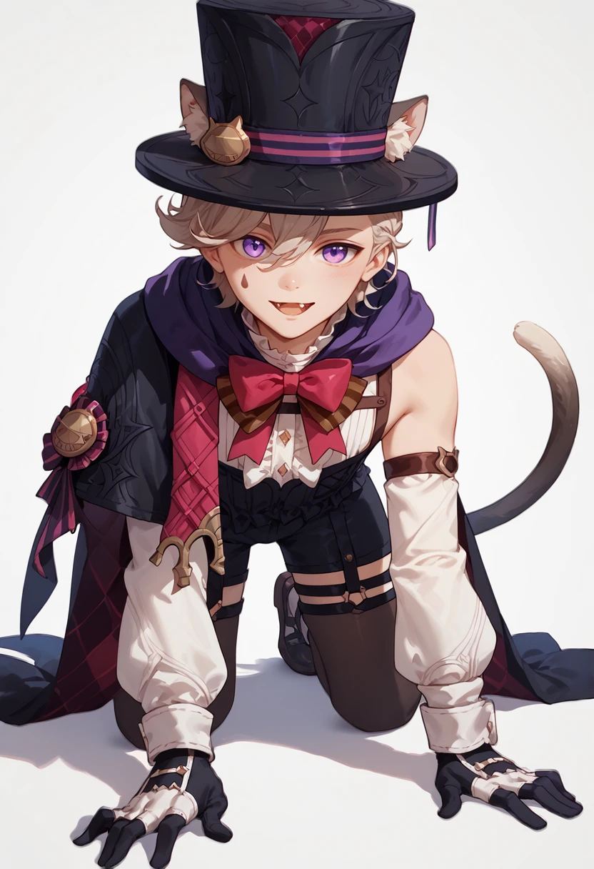 score_9, score_8_up, score_7_up, score_6_up, score_5_up, score_4_up, masterpiece, ultra-detailed, high resolution,

lyney, 1boy, male focus, tail, animal ears, hat, bow, gloves, cat tail, purple eyes, cat ears, solo, cat boy, thighhighs, black gloves, otoko no ko, fang,  top hat, looking at viewer, tail ornament, open mouth, shorts, bowtie, all fours, red bow