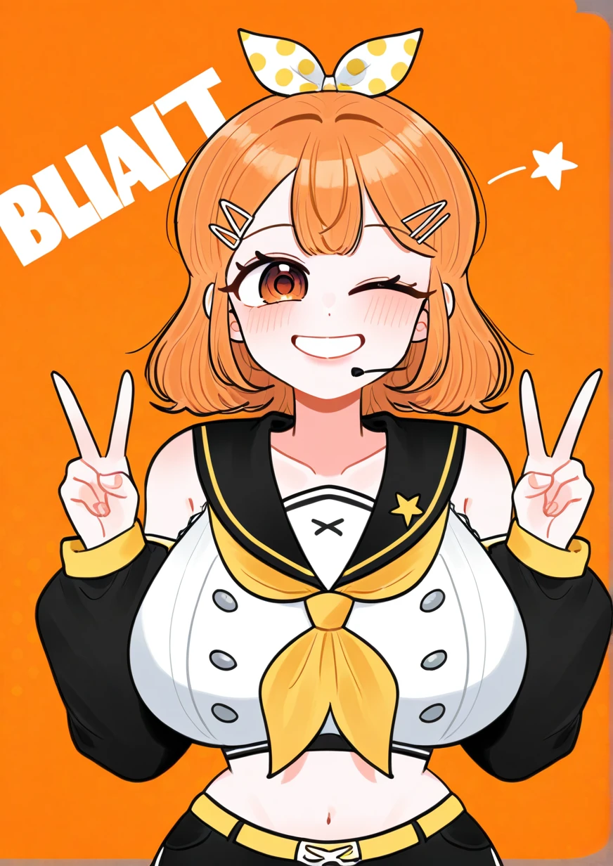 1girl, huge breasts, belt, black sailor collar, black shorts, black sleeves, bow, character name, collarbone, crop top, detached sleeves, double peace, grin, hair bow, hair ornament, hairclip, headset, light blush, looking at viewer, midriff, navel, neckerchief, one eye closed, orange background, polka dot, polka dot background, sailor collar, shorts, smile, solo, star (symbol), peace sign, yellow belt, yellow neckerchief, <lora:ë¤ë¯¸:1>