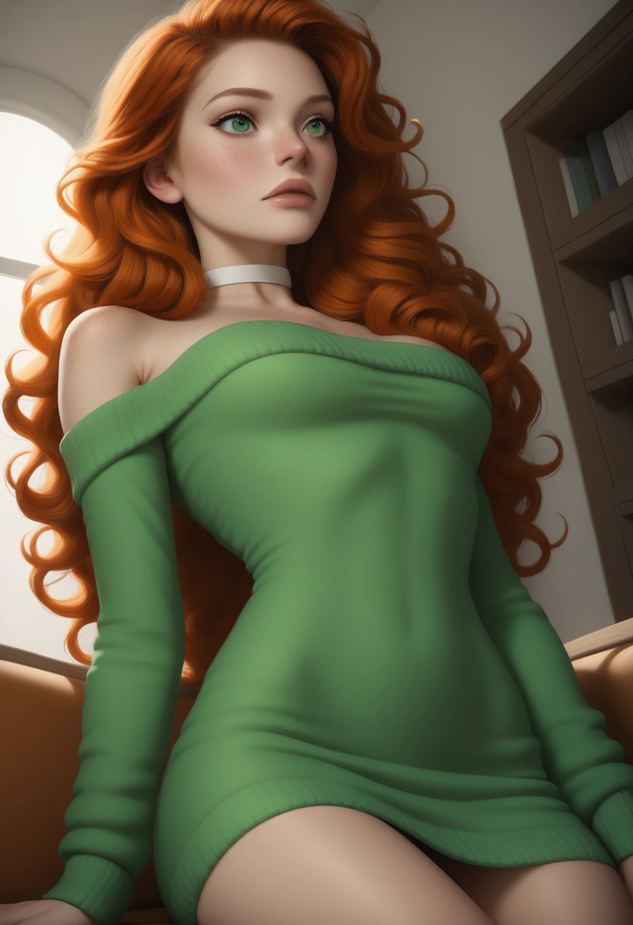 ((masterpiece, best quality, absurdres)),
1girl, solo, sexy sweater dress, green sweater, strapless, long sleeves, bare shoulders, white choker,
indoors, day,
reclining, looking ahead,
cowboy shot, from below,
 <lora:Dark_Erin_Illust_v1:0.7> d4rk3r1n, orange hair, green eyes,