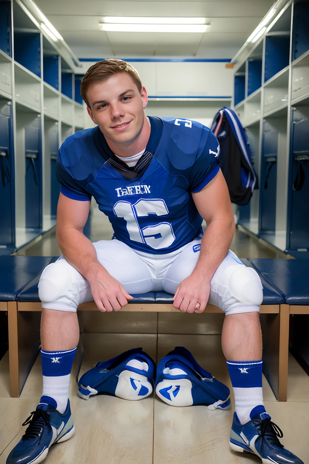 locker room, sitting on a bench, in front of lockers, slightly smiling, DougAcre is an (American football player), wearing (football uniform:1.3), (blue jersey:1.3), jersey number 10, (white football pants:1.4), (blue socks:1.3), long socks, (black sneakers:1.3), (((full body portrait))), wide angle  <lora:DougAcre:0.8>