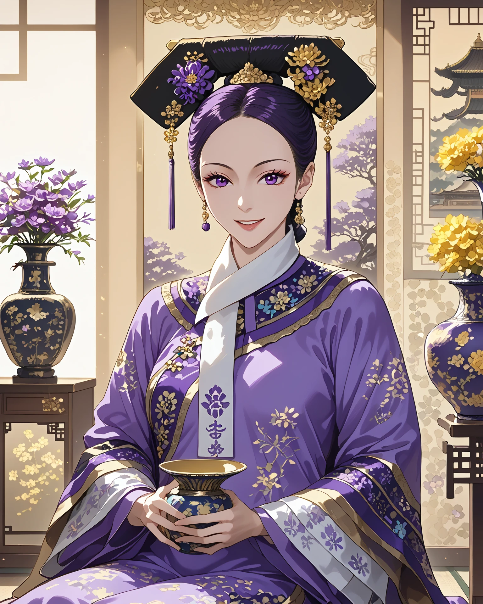 1girl, qingfa, (qingfa scarf), holding a vase, ornate clothing, flowers, asian sitting room, wood panel wall, purple clothing, gold accents, light_smile, intricate patterned fabric, brocade, jacquard fabric, masterpiece, highest quality, absurdres, digital art, very detailed, score_9, score_8_up, score_7_up, evening,  <lora:QingFashion_XL_V3:1.1>,  <lora:[pony]Sunagawa Tara:1> sunagawa tara