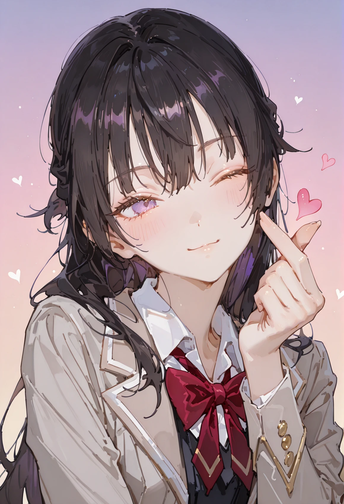 masterpiece,best quality,good quality,very aesthetic,absurdres,newest,
one eye closed,head tilt,finger heart,heart,portrait,fuchsia background,gradient background,
YukiSuou Cyql,1girl,solo,long hair,bangs,black hair,purple eyes,school uniform,jacket,grey jacket,bowtie,red bow,long sleeves,pleated dress,
<lora:YukiSuou_Illustrious by Cyql:1>,<lora:spo_sdxl_10ep_4k-data_lora_webui:0.5>,<lora:EtherSDXL:0.7>,EtherStyle,<lora:748cmSDXL:0.5>,748cmstyle,<lora:HG2512 by CYQL:0.8>,HG2512,