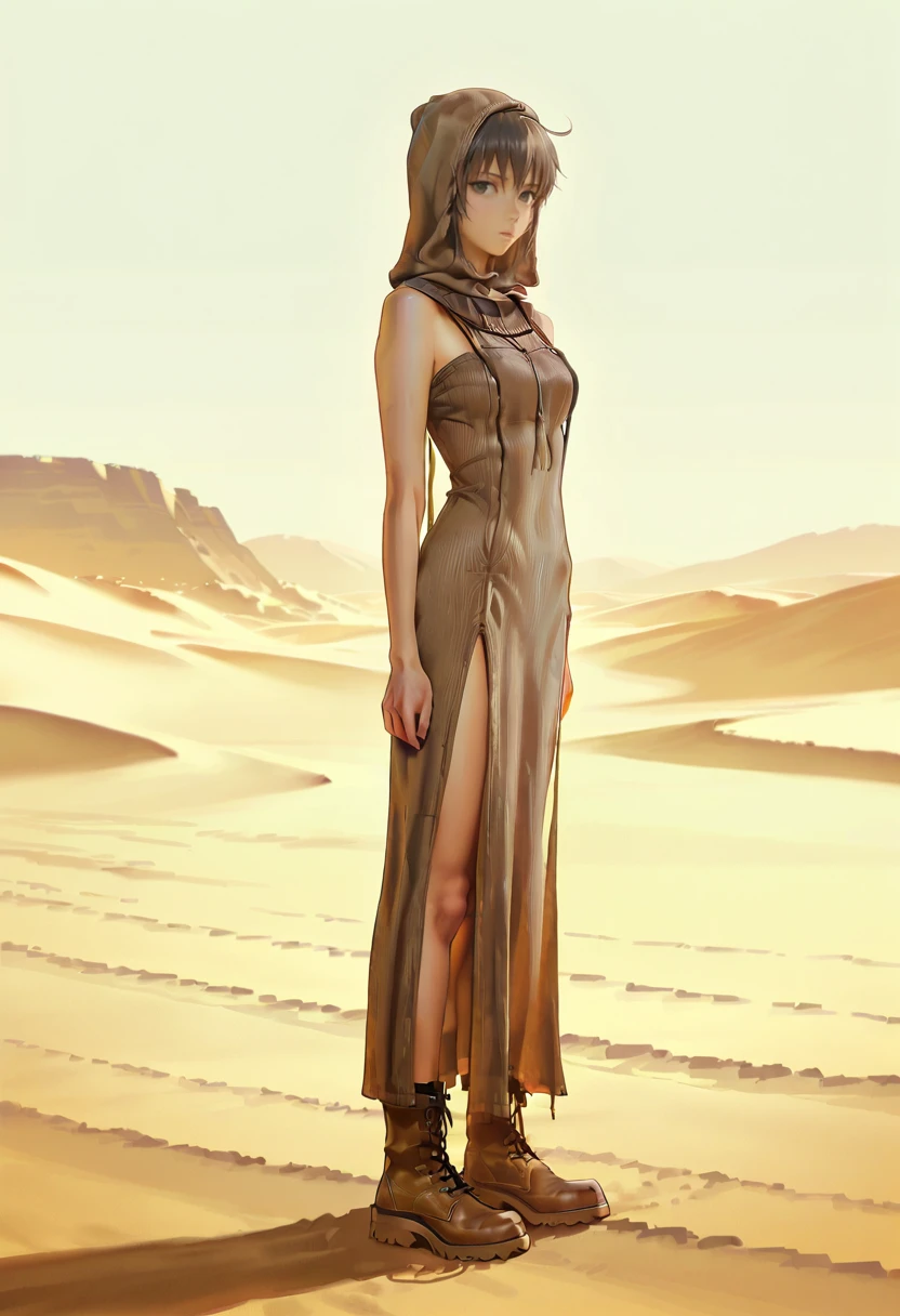 1girl,solo,looking at viewer,ikeda ruriko, desert,ehm dress, hood, boots,sleeveless, saber_(fate)