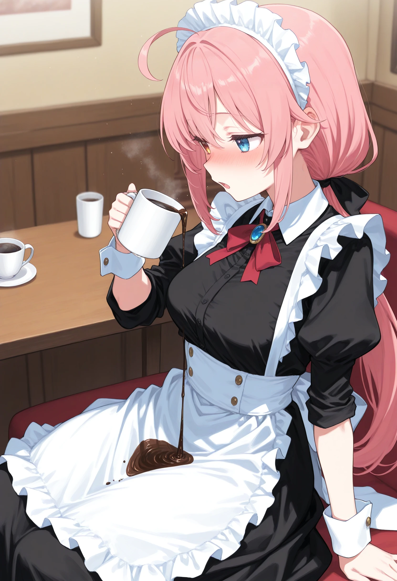 1girl,(sho \(sho lwlw\):0.7),(toosaka asagi:0.5),(sincos:0.3),solo,
masterpiece, best quality, newest, absurdres, CG, anime, source anime, illustration,
maid, maid headdress,medium breasts,
wakamezake, sitting, coffee mug ,coffee, holding_co,pouring, pouring onto self, <lora:wakamezake_Illust_v1:0.8>
from side, full body, looking away, pink hair, heterochromia,drunk, business district, open mouth, low ponytail hair,