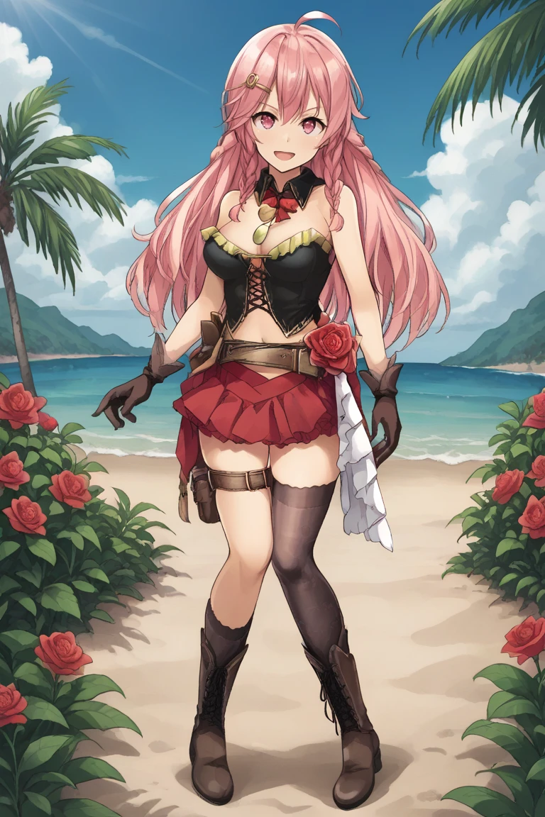 1girl, solo, rubinaap, pink hair, long hair, twin braids, hairclip, ahoge, pink eyes, detached collar, gold pendant, red bowtie, corset, strapless, bare shoulders, gloves, brown belt, red skirt, frills, flower, single thighhigh, thigh belt, boots, outdoors, tropical island, sea, standing, smile, open mouth, serious, full body, dynamic pose, looking at viewer