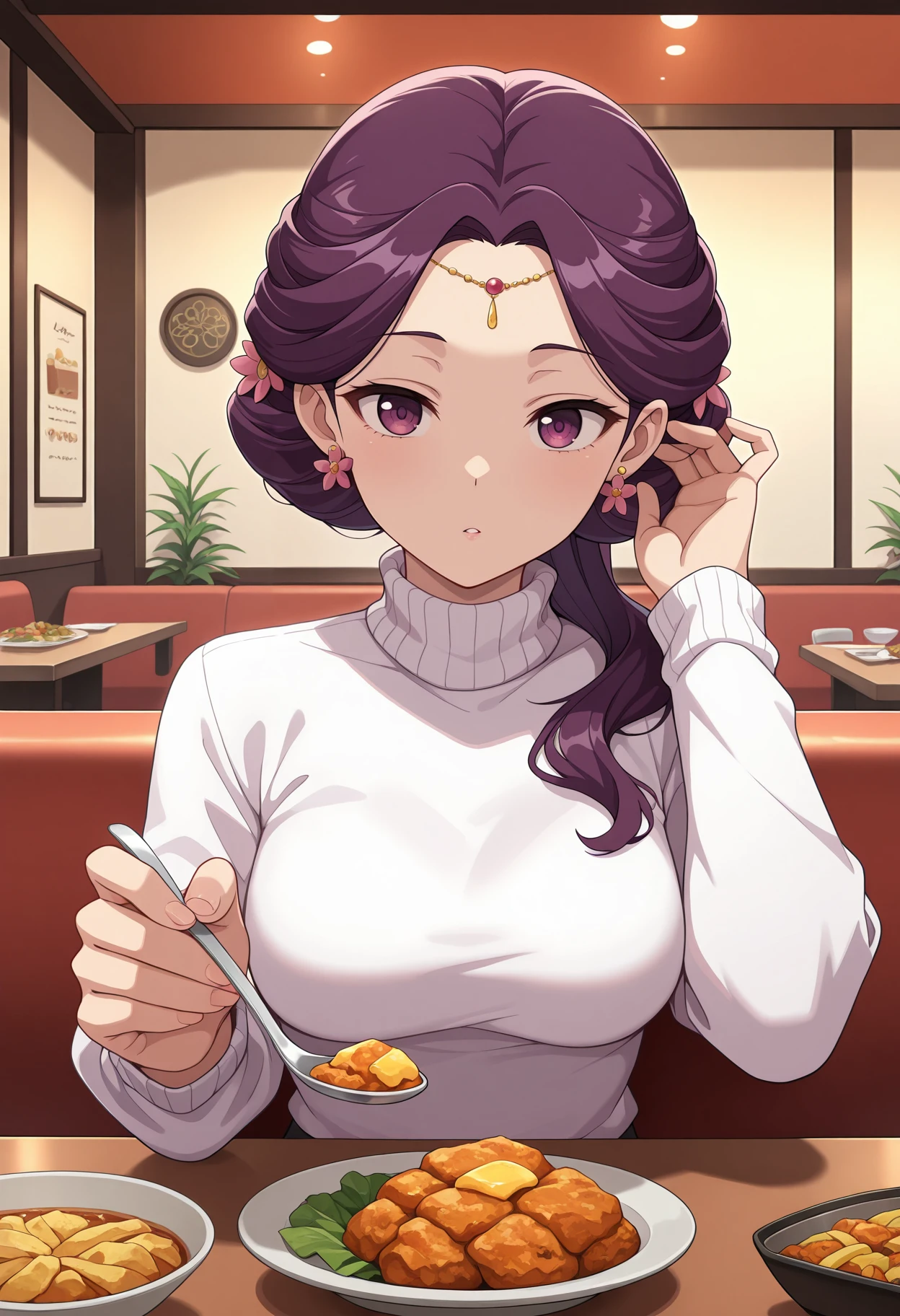masterpiece, best quality, amazing quality, very aesthetic, intricate details, highly detailed background,<BREAK> 1girl, solo,
<lora:Yinghua_The_Apothecary_Diaries_IL_V1:1>, KJOyinghua, purple hair, purple eyes, hair flower, updo, earrings, hair over shoulder, yellow forehead jewelry,
turtleneck sweater, pov across table, incoming food, holding spoon, hand on own ear, hair tucking, hair behind ear, hand up, adjusting hair, indoors, restaurant, food, table,
(Beautiful, medium Breasts:1.2), mature female,